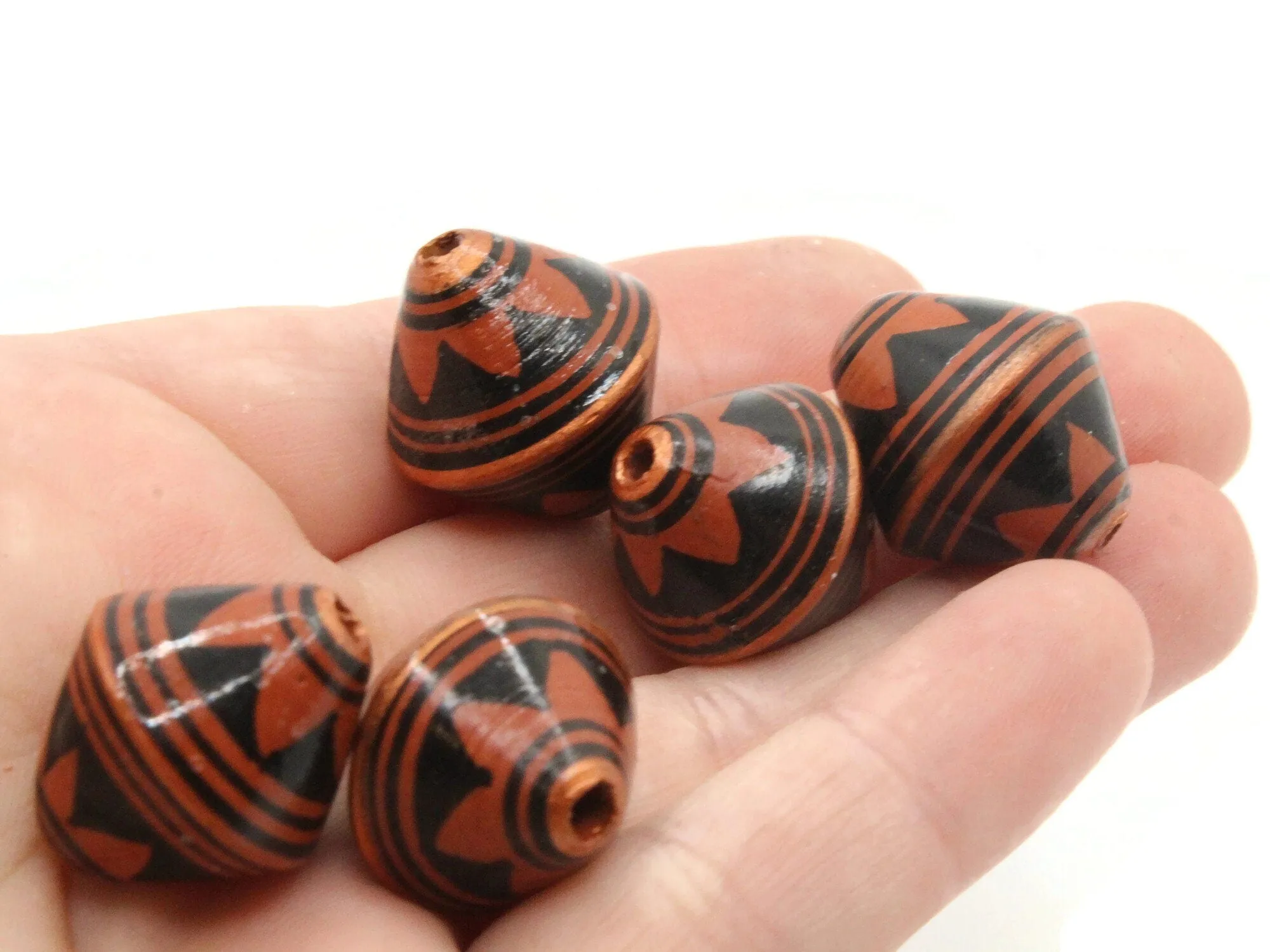 5 21mm Vintage Painted Brown Copper and Black Patterned Bicone Peruvian Clay Beads