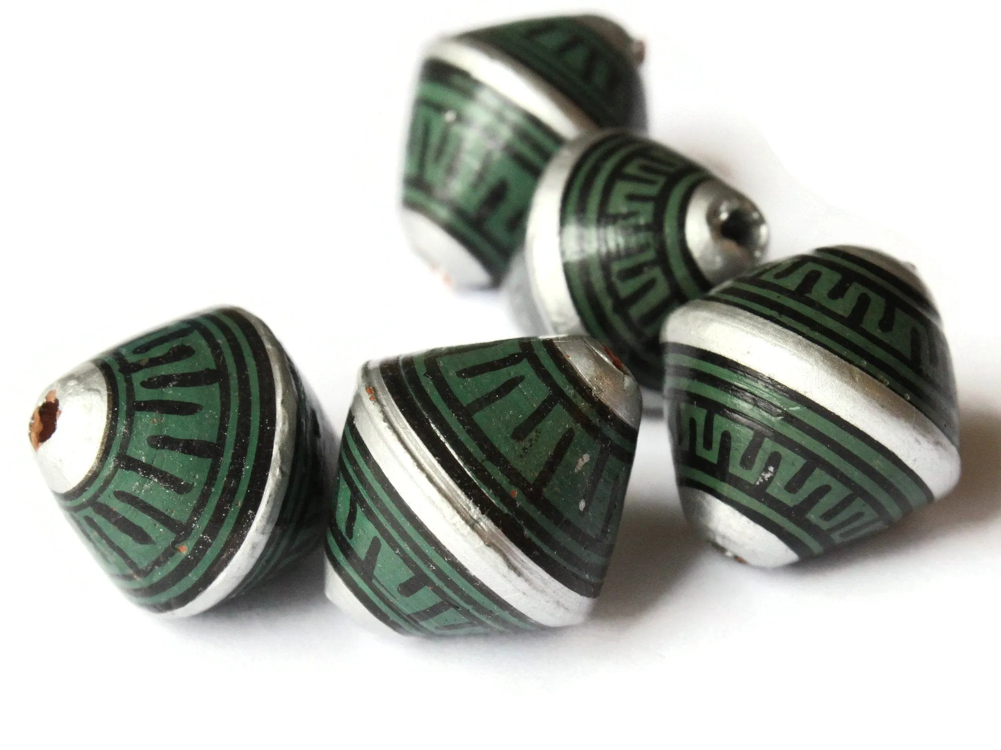 5 21mm Vintage Painted Peruvian Clay Beads - Green Silver and Black Patterned Bicone Beads