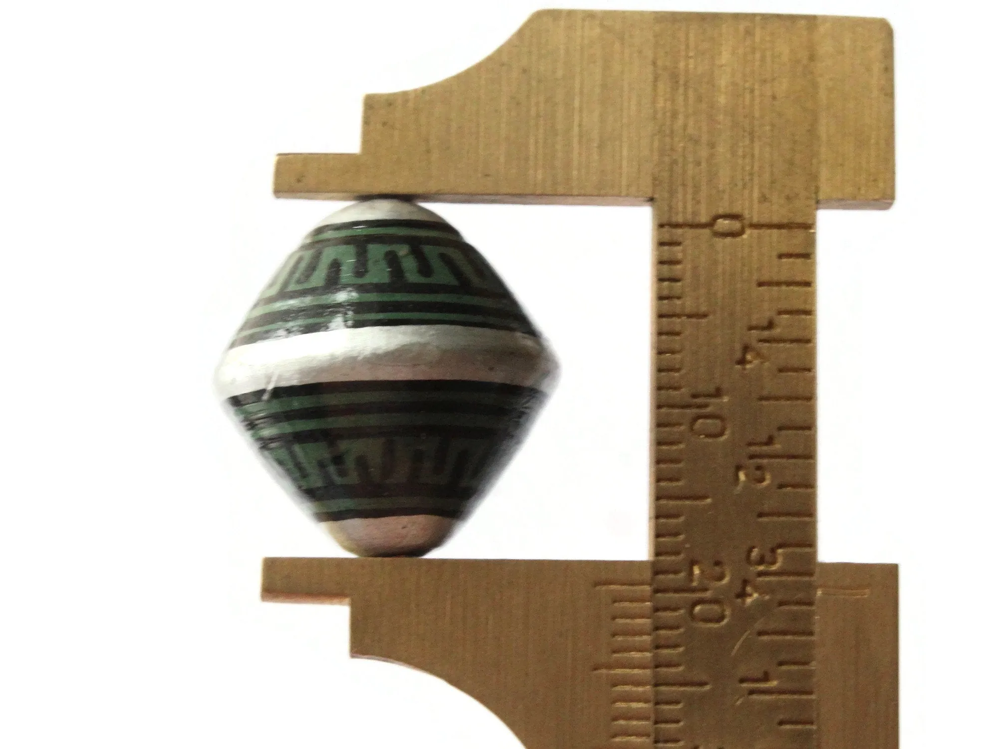 5 21mm Vintage Painted Peruvian Clay Beads - Green Silver and Black Patterned Bicone Beads