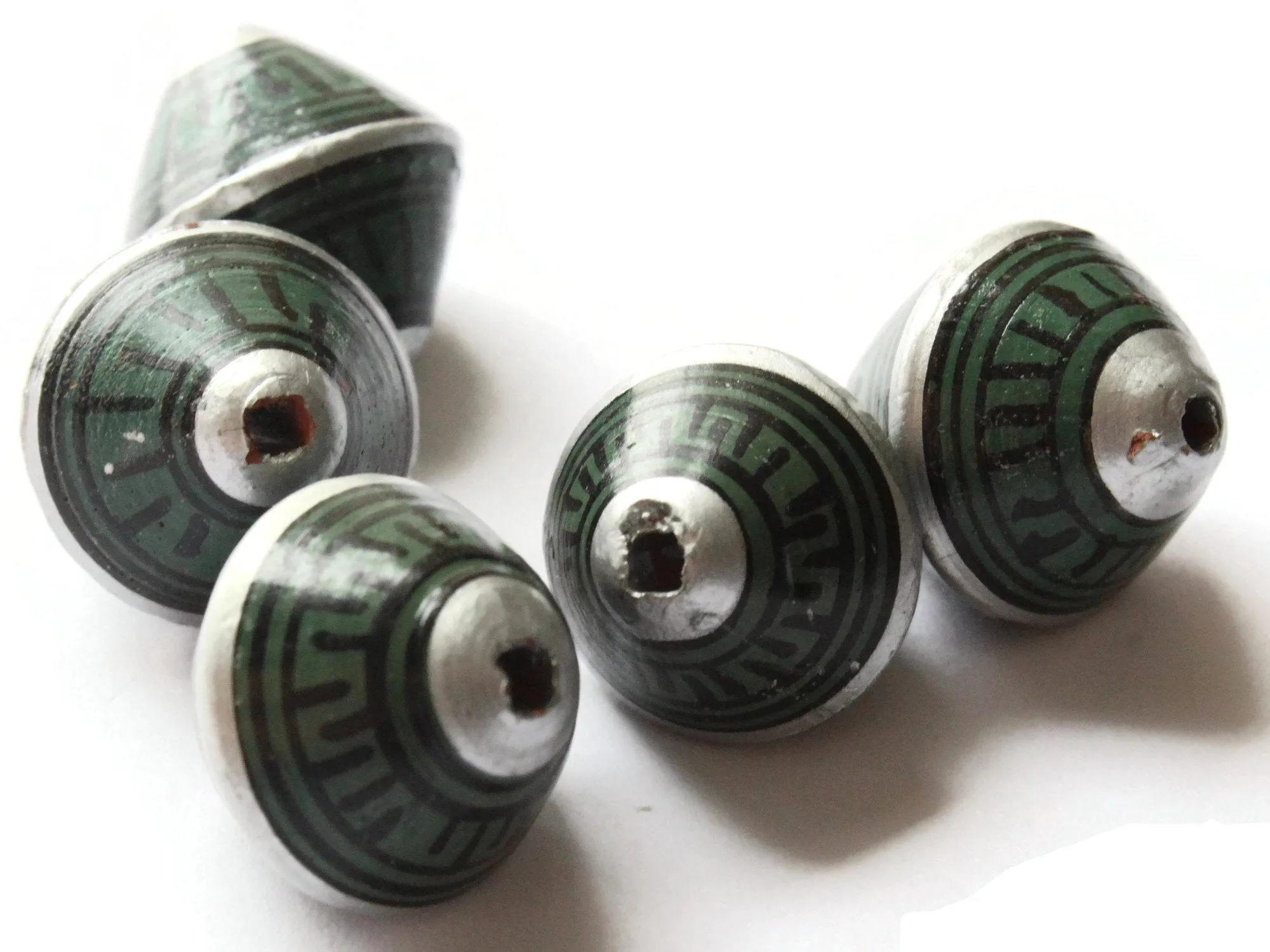 5 21mm Vintage Painted Peruvian Clay Beads - Green Silver and Black Patterned Bicone Beads