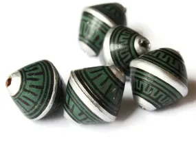 5 21mm Vintage Painted Peruvian Clay Beads - Green Silver and Black Patterned Bicone Beads