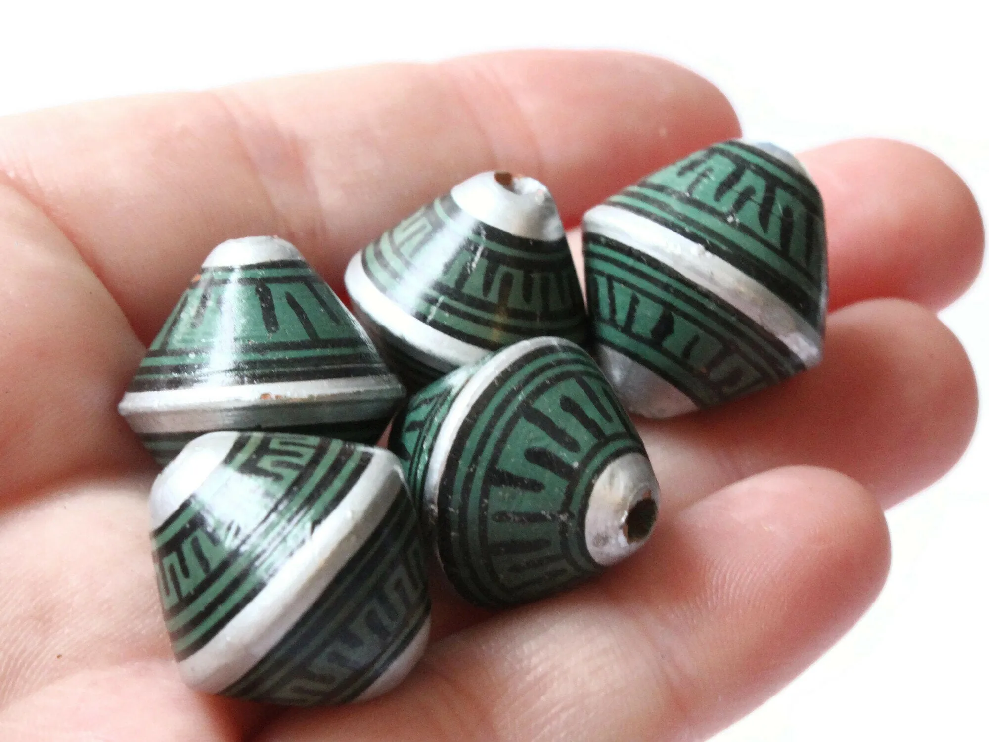 5 21mm Vintage Painted Peruvian Clay Beads - Green Silver and Black Patterned Bicone Beads