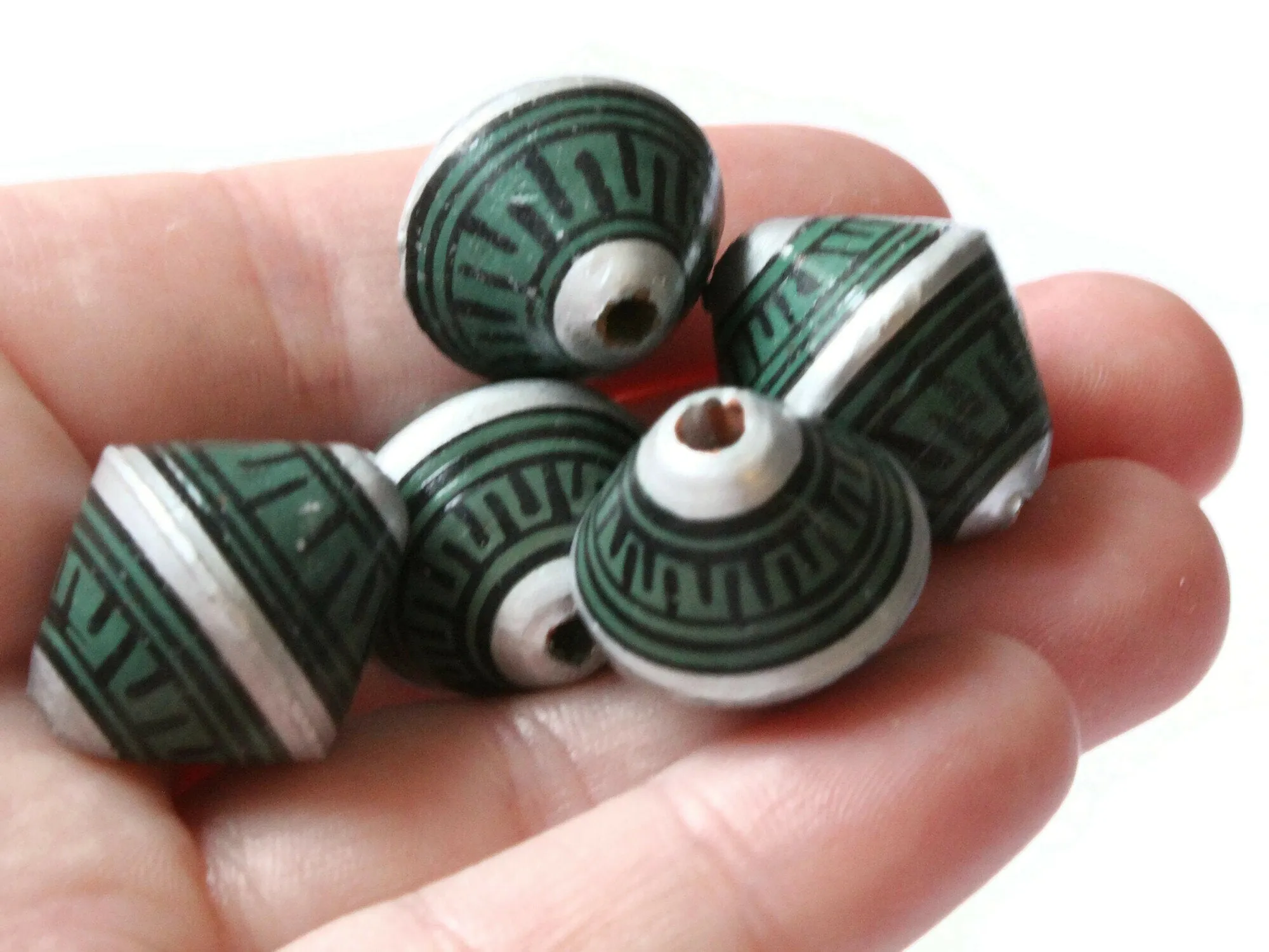 5 21mm Vintage Painted Peruvian Clay Beads - Green Silver and Black Patterned Bicone Beads