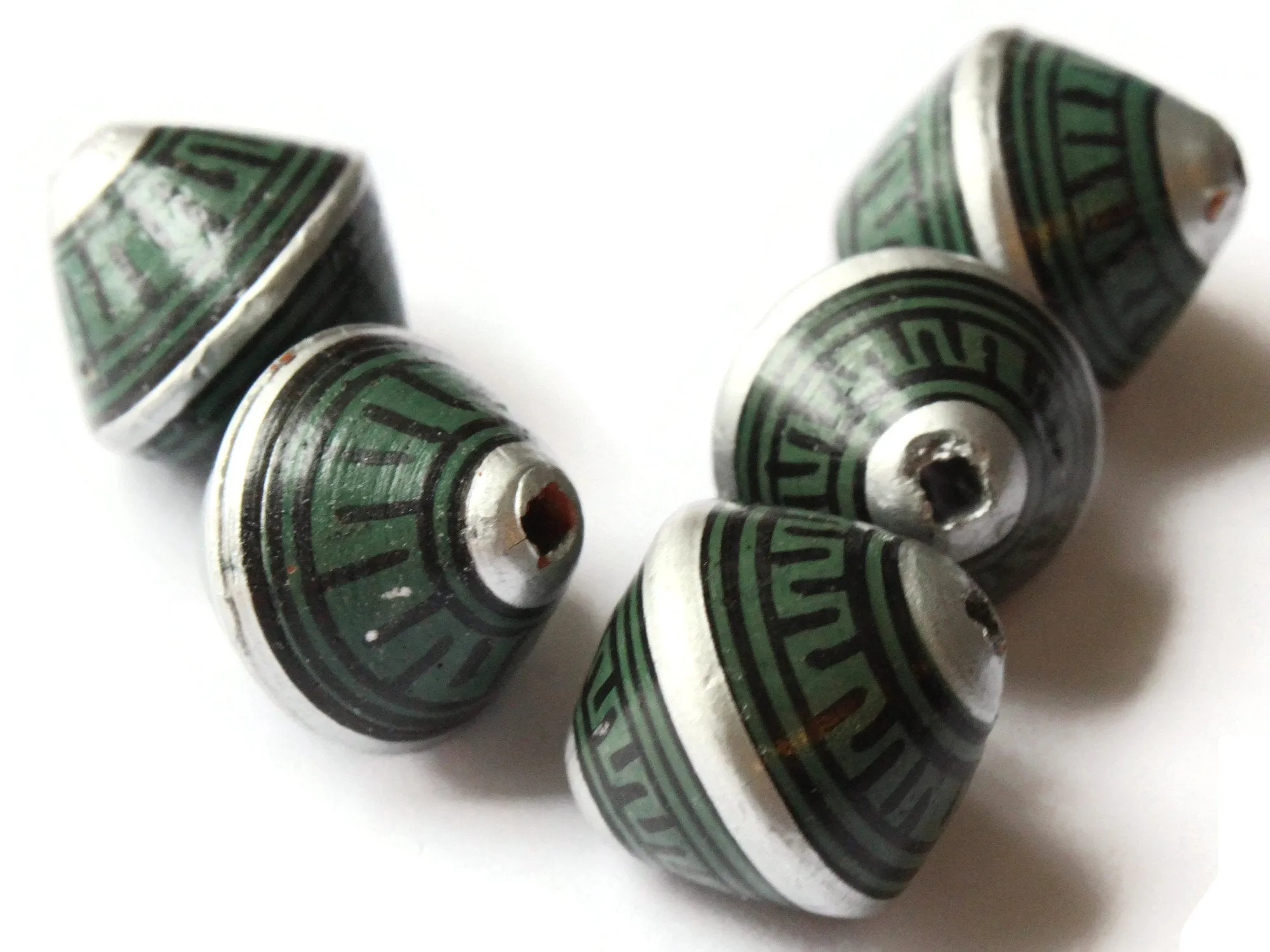 5 21mm Vintage Painted Peruvian Clay Beads - Green Silver and Black Patterned Bicone Beads