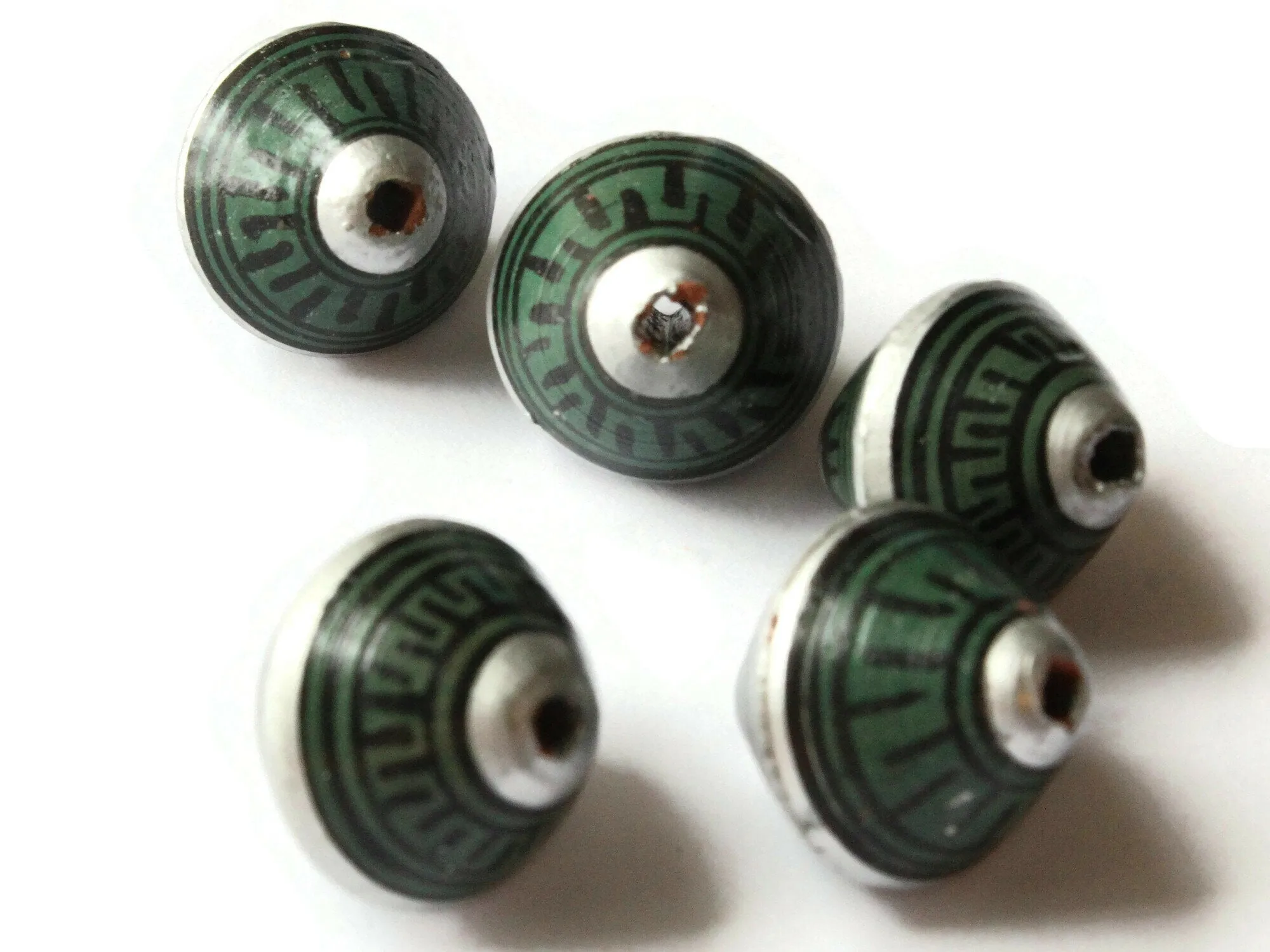 5 21mm Vintage Painted Peruvian Clay Beads - Green Silver and Black Patterned Bicone Beads