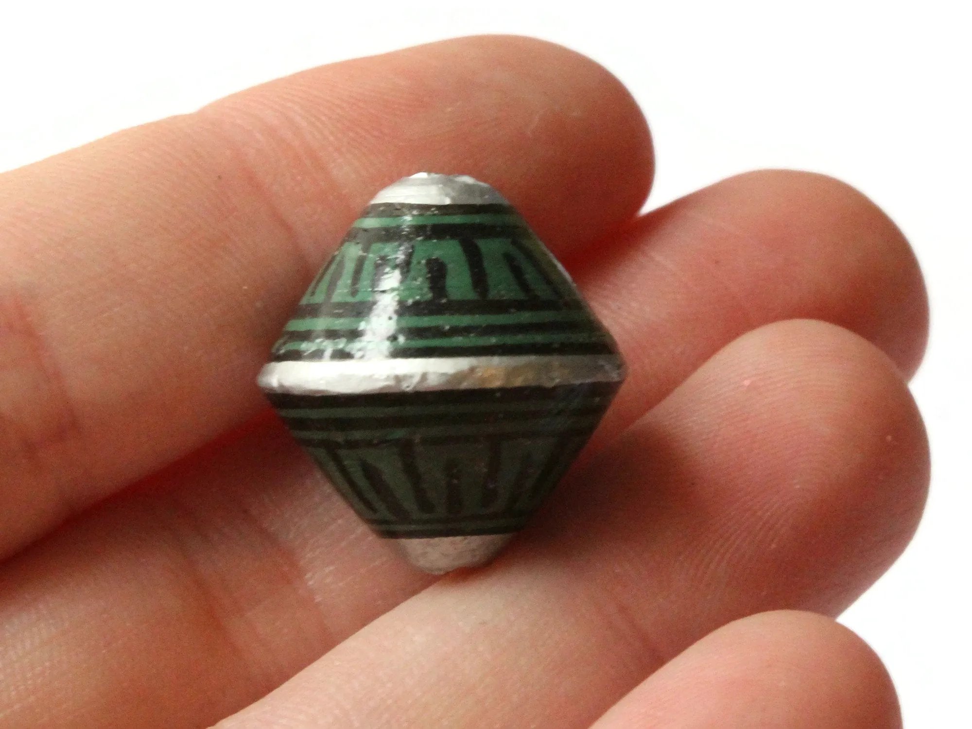 5 21mm Vintage Painted Peruvian Clay Beads - Green Silver and Black Patterned Bicone Beads