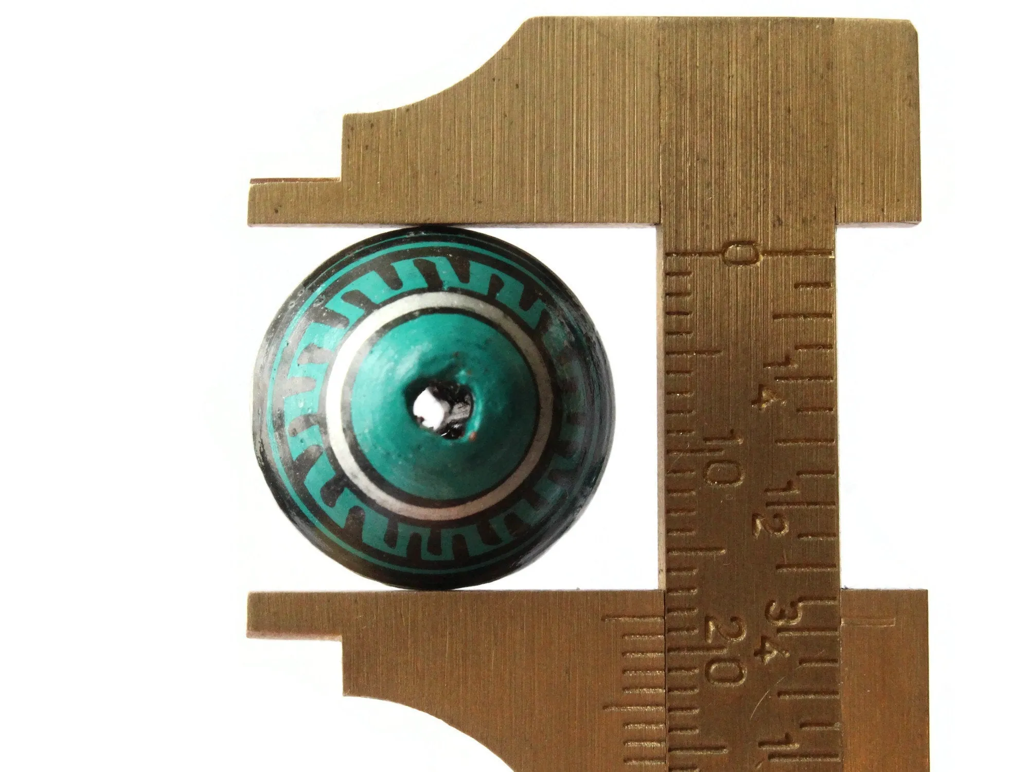 5 21mm Vintage Painted Peruvian Clay Beads - Teal Green Silver and Black Patterned Bicone Beads