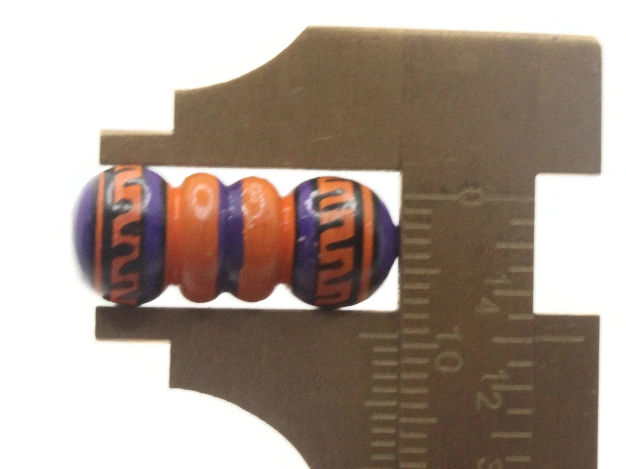 5 22mm Vintage Painted Clay Orange Purple and Black Patterned Bumpy Tube Peruvian Clay Beads