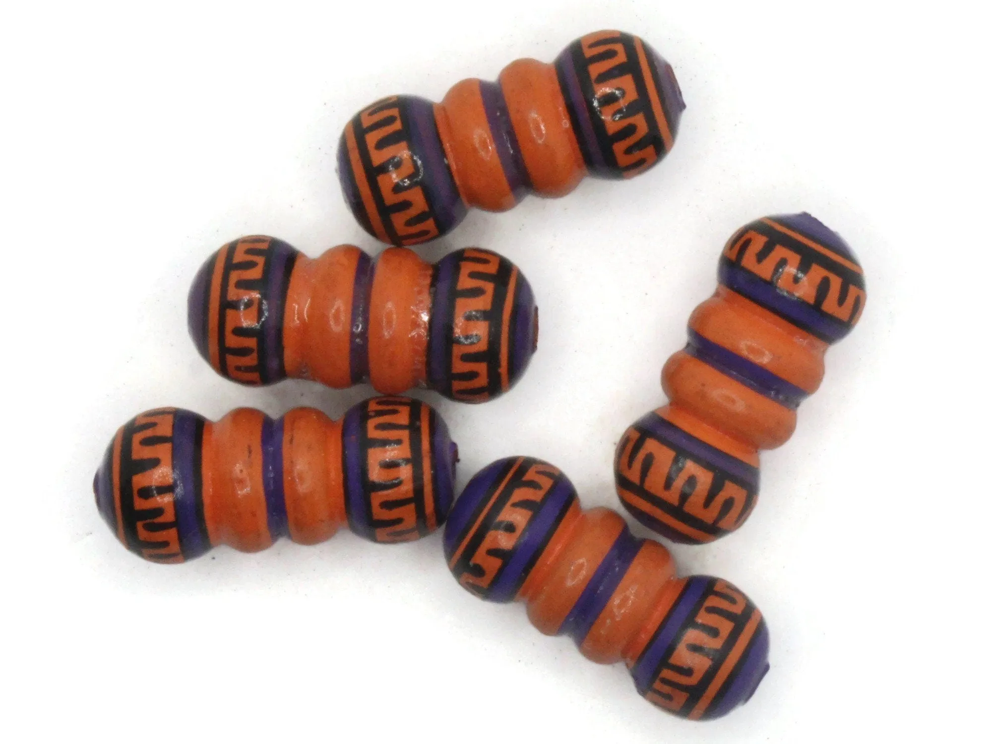 5 22mm Vintage Painted Clay Orange Purple and Black Patterned Bumpy Tube Peruvian Clay Beads