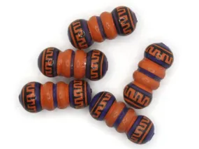 5 22mm Vintage Painted Clay Orange Purple and Black Patterned Bumpy Tube Peruvian Clay Beads