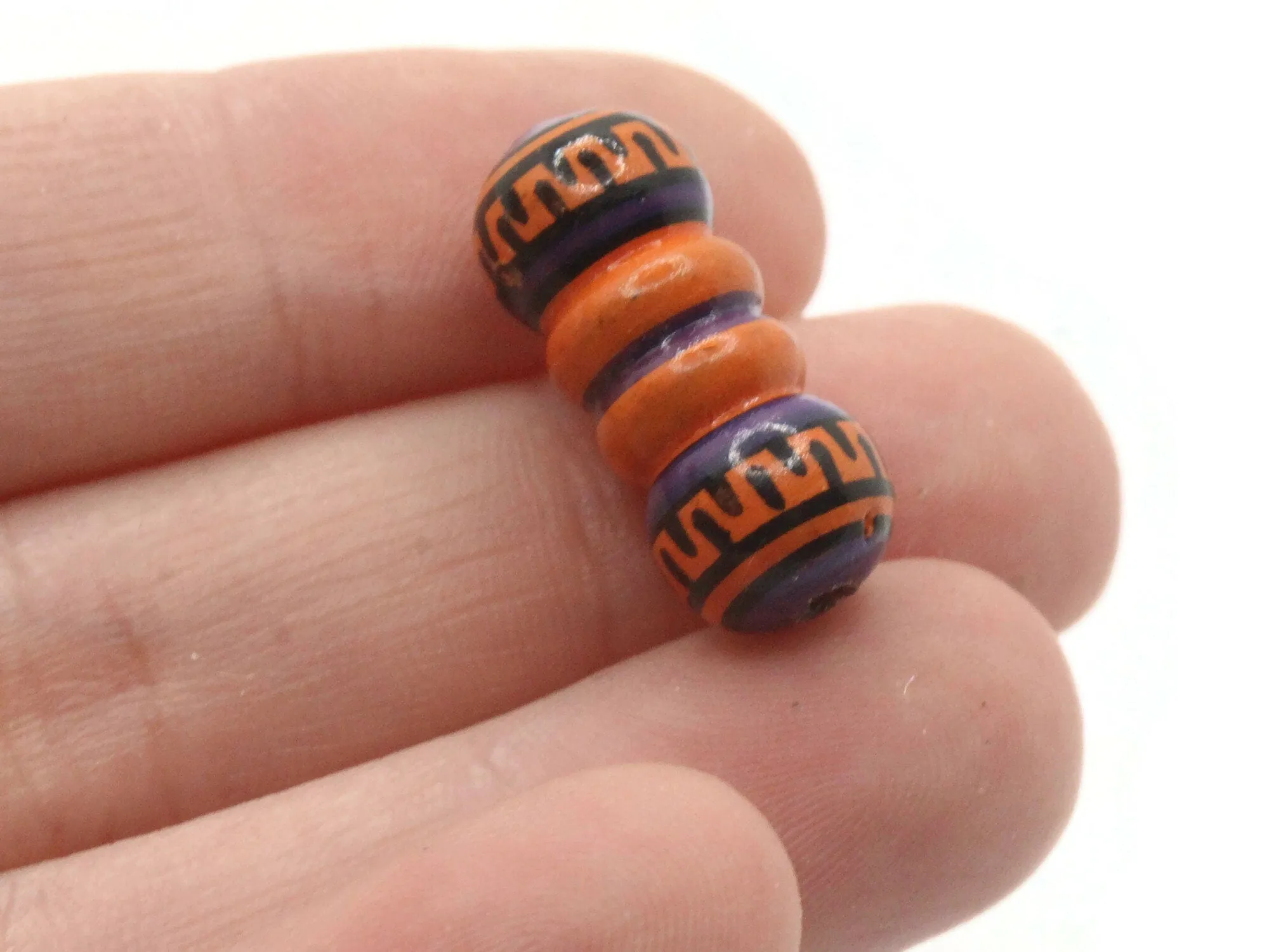 5 22mm Vintage Painted Clay Orange Purple and Black Patterned Bumpy Tube Peruvian Clay Beads