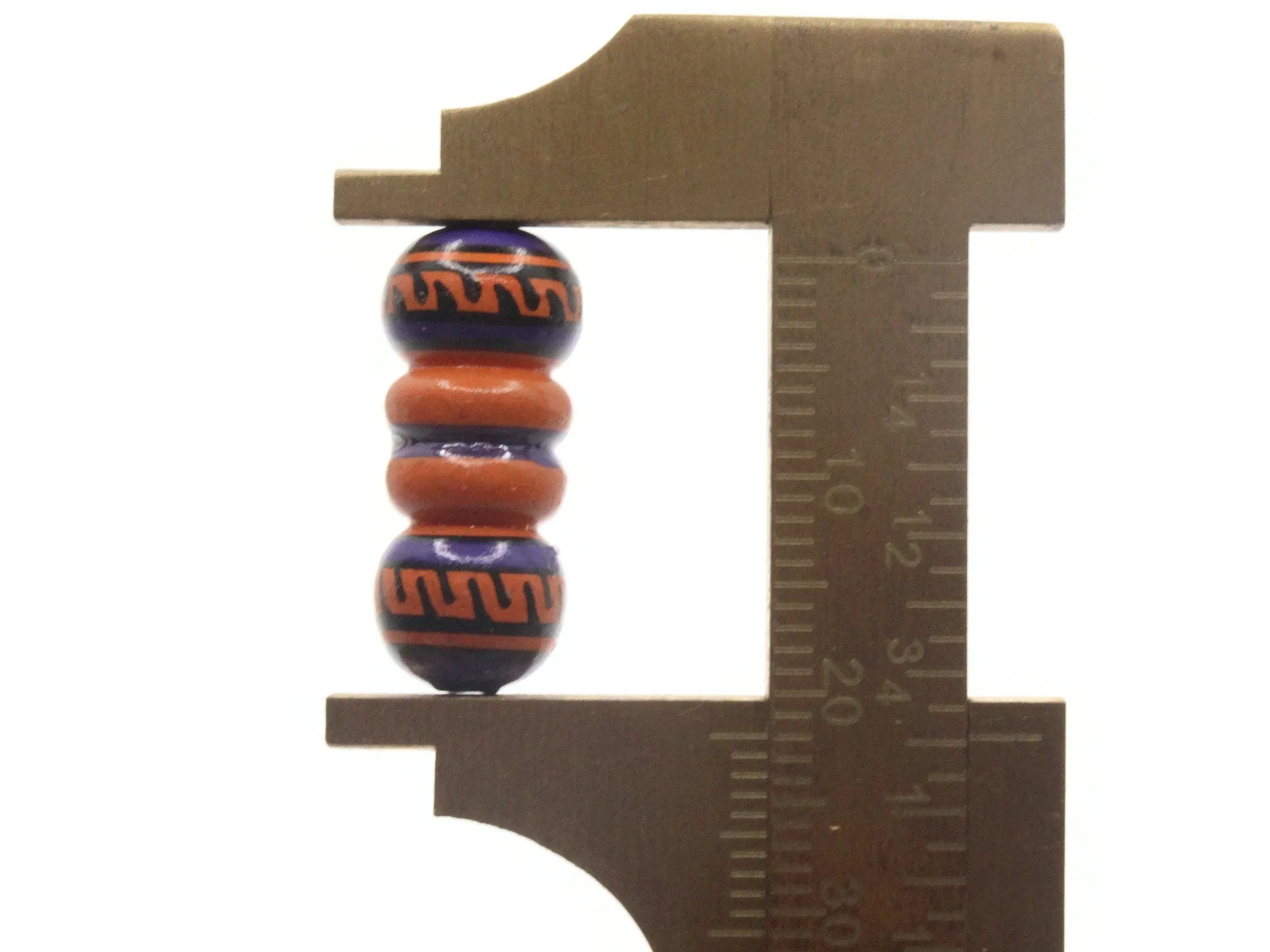 5 22mm Vintage Painted Clay Orange Purple and Black Patterned Bumpy Tube Peruvian Clay Beads