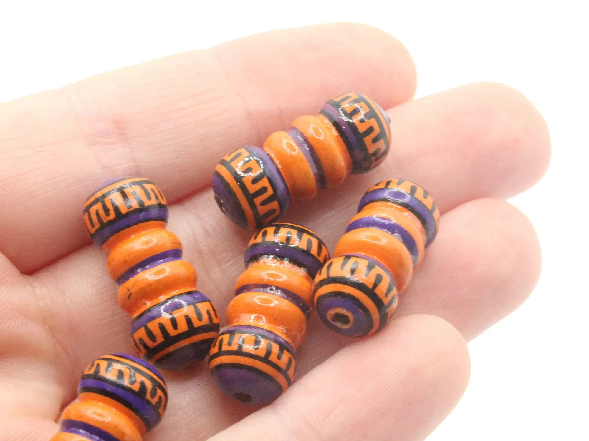 5 22mm Vintage Painted Clay Orange Purple and Black Patterned Bumpy Tube Peruvian Clay Beads