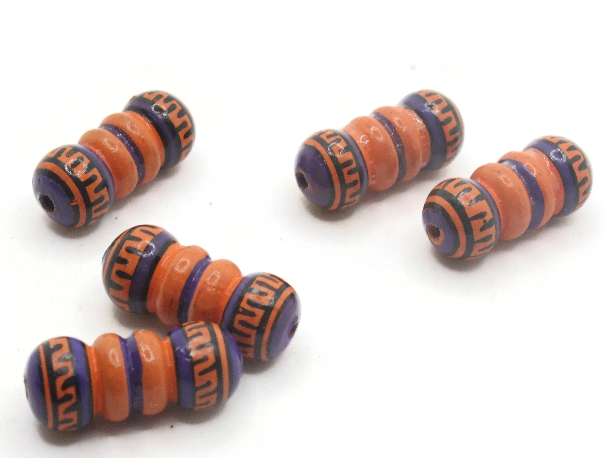 5 22mm Vintage Painted Clay Orange Purple and Black Patterned Bumpy Tube Peruvian Clay Beads