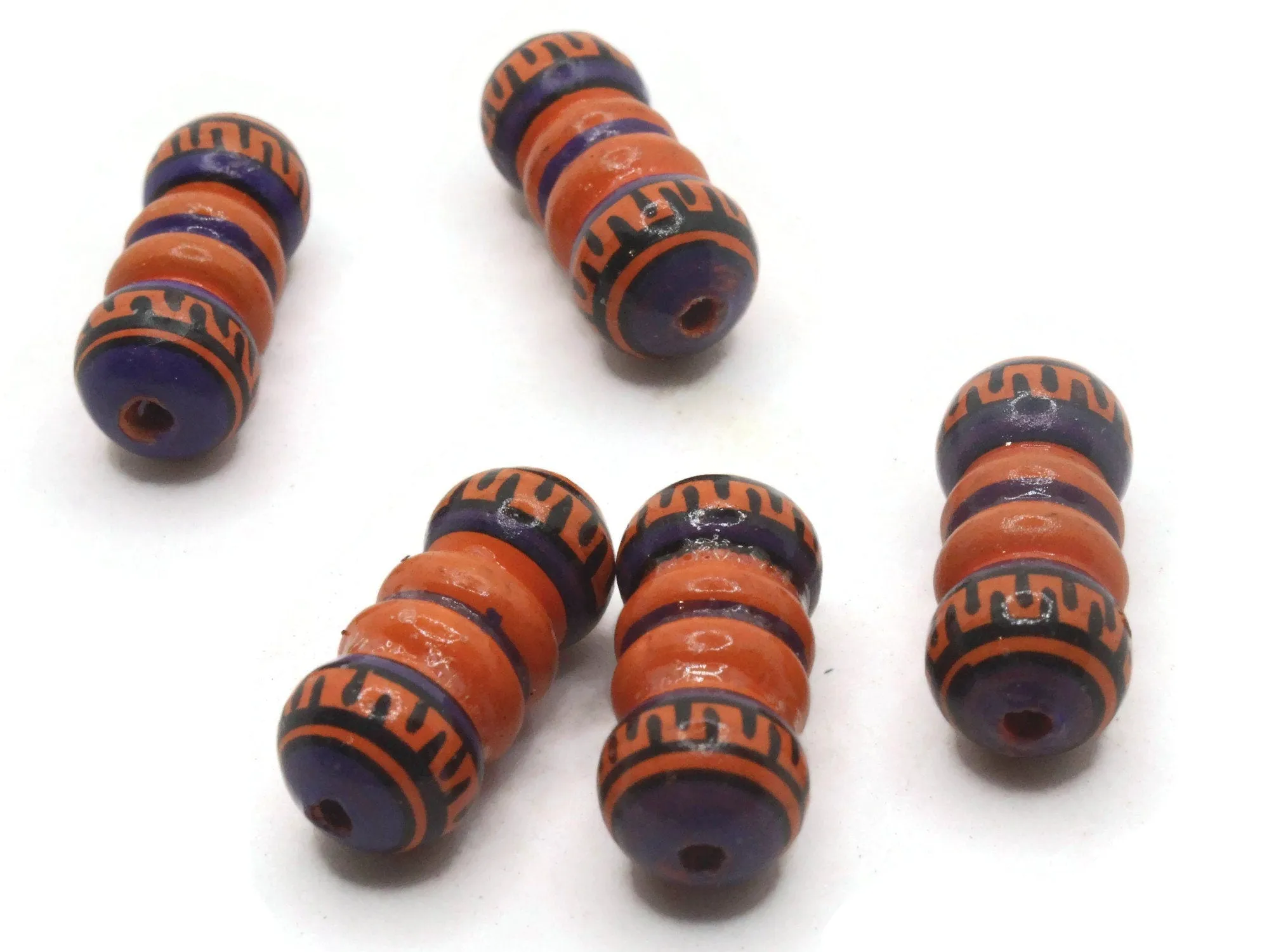 5 22mm Vintage Painted Clay Orange Purple and Black Patterned Bumpy Tube Peruvian Clay Beads