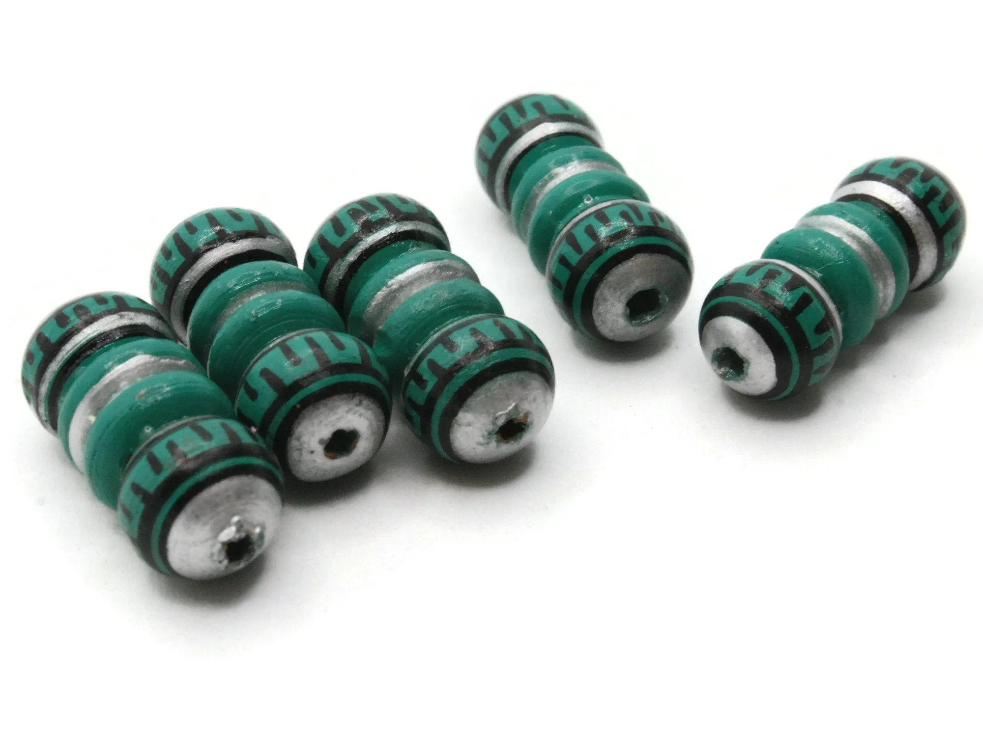 5 22mm Vintage Painted Green Silver and Black Patterned Bumpy Tube Peruvian Clay Beads