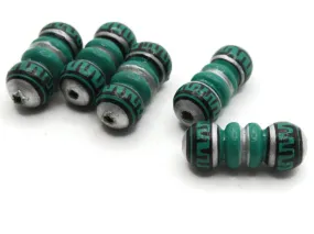 5 22mm Vintage Painted Green Silver and Black Patterned Bumpy Tube Peruvian Clay Beads