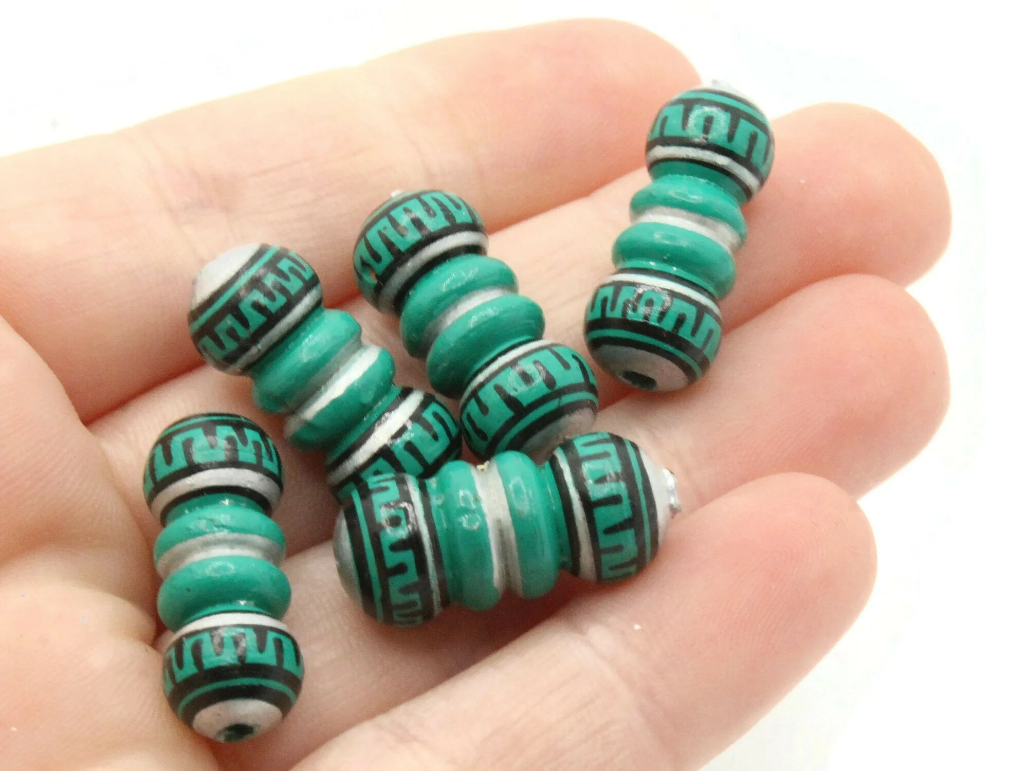 5 22mm Vintage Painted Green Silver and Black Patterned Bumpy Tube Peruvian Clay Beads