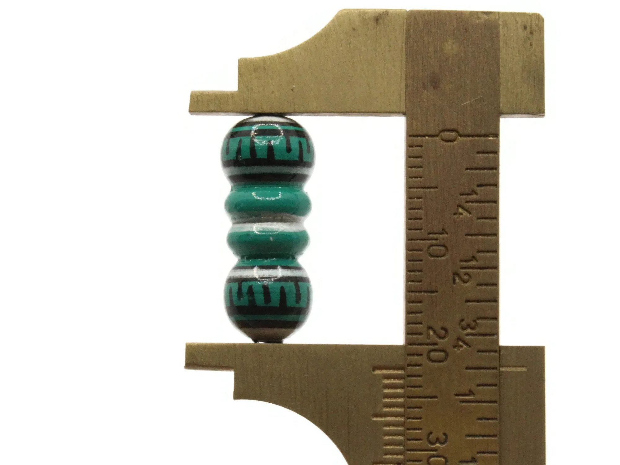 5 22mm Vintage Painted Green Silver and Black Patterned Bumpy Tube Peruvian Clay Beads