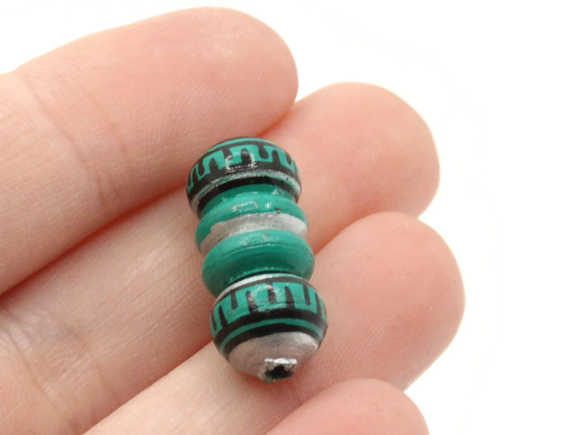 5 22mm Vintage Painted Green Silver and Black Patterned Bumpy Tube Peruvian Clay Beads