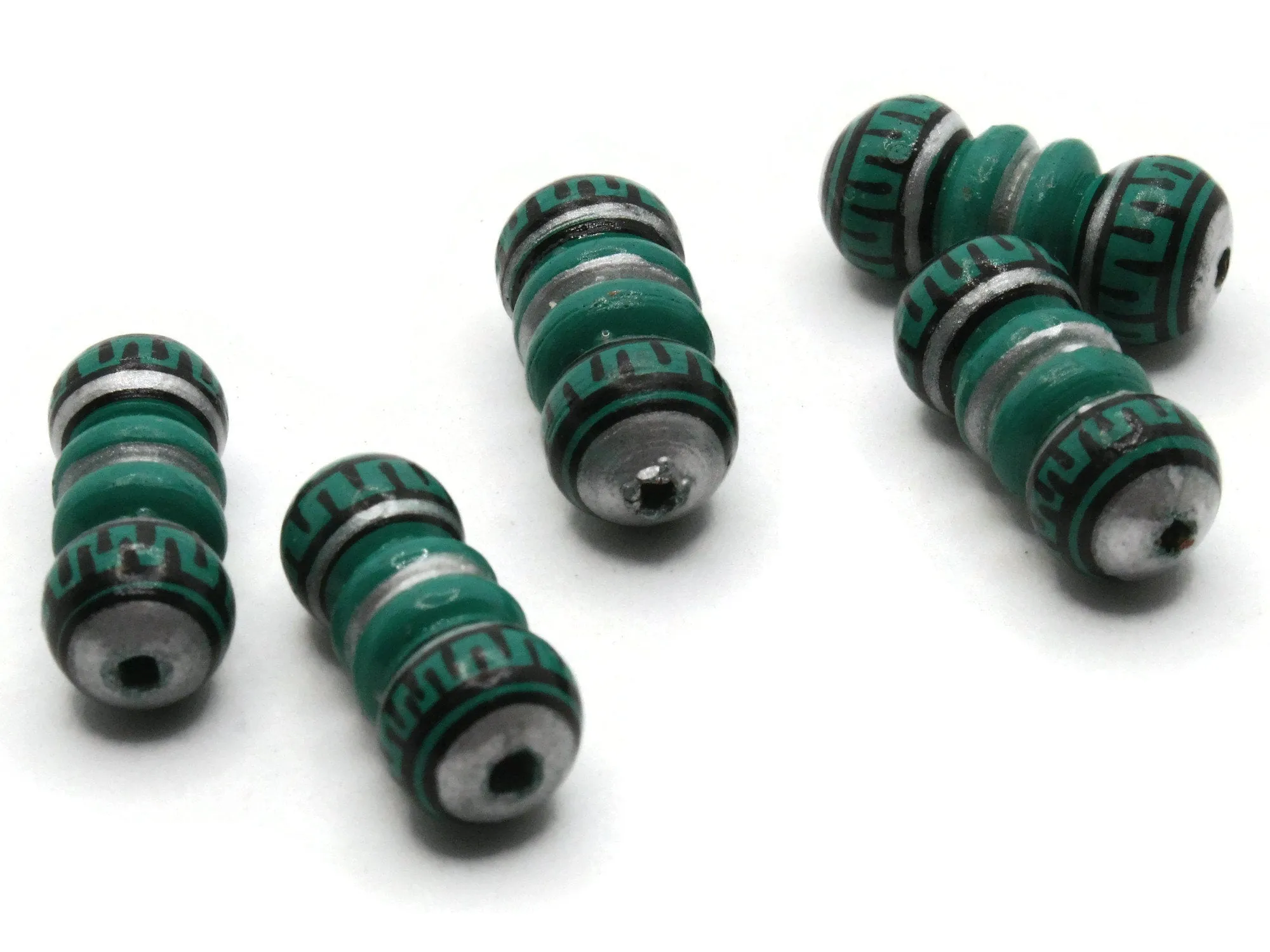 5 22mm Vintage Painted Green Silver and Black Patterned Bumpy Tube Peruvian Clay Beads