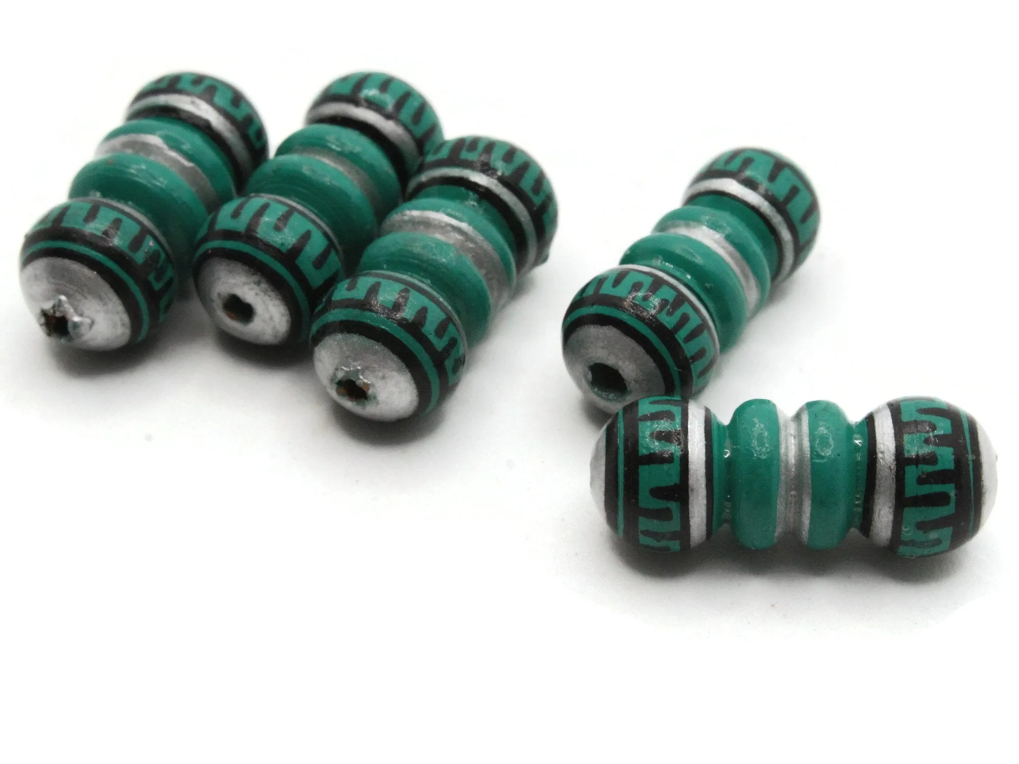 5 22mm Vintage Painted Green Silver and Black Patterned Bumpy Tube Peruvian Clay Beads