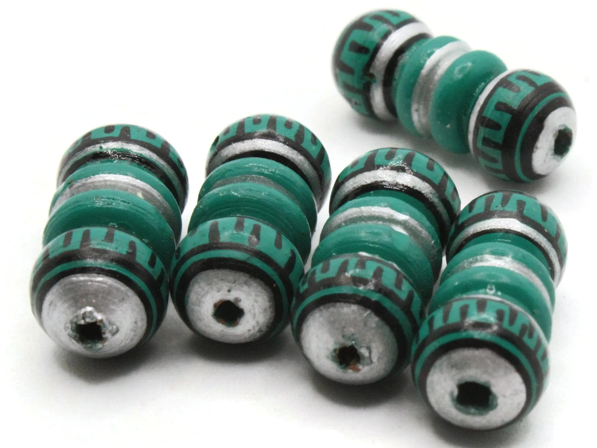5 22mm Vintage Painted Green Silver and Black Patterned Bumpy Tube Peruvian Clay Beads
