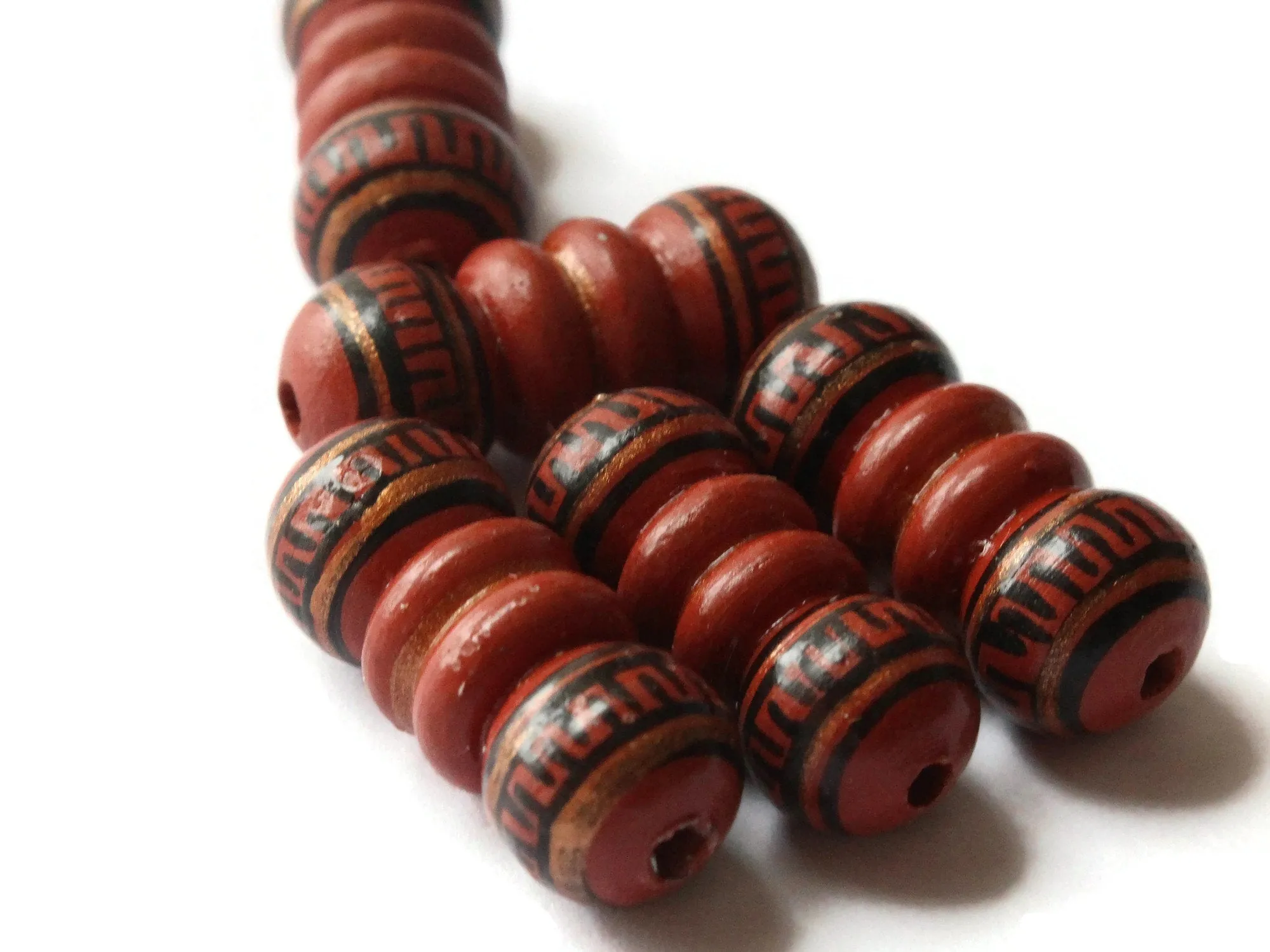 5 22mm Vintage Painted Peruvian Clay Beads - Brown, Copper, and Black Bumpy Tube Beads