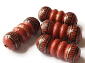 5 22mm Vintage Painted Peruvian Clay Beads - Brown, Copper, and Black Bumpy Tube Beads