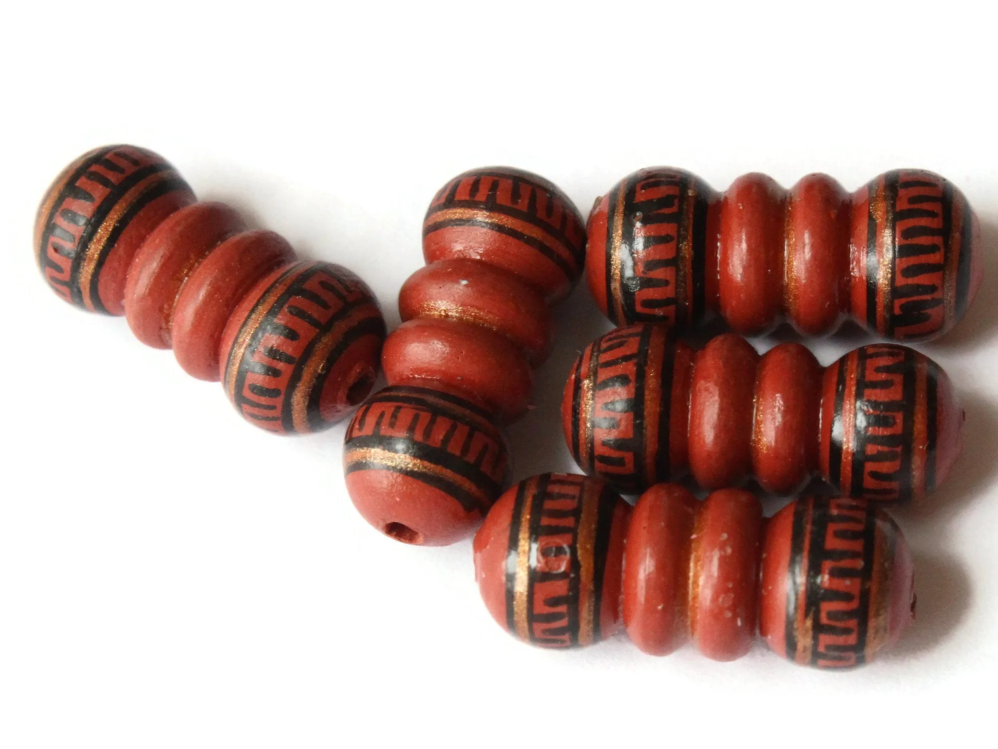 5 22mm Vintage Painted Peruvian Clay Beads - Brown, Copper, and Black Bumpy Tube Beads