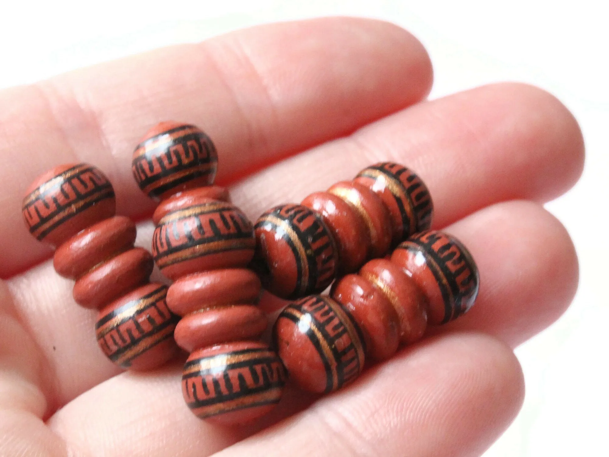 5 22mm Vintage Painted Peruvian Clay Beads - Brown, Copper, and Black Bumpy Tube Beads