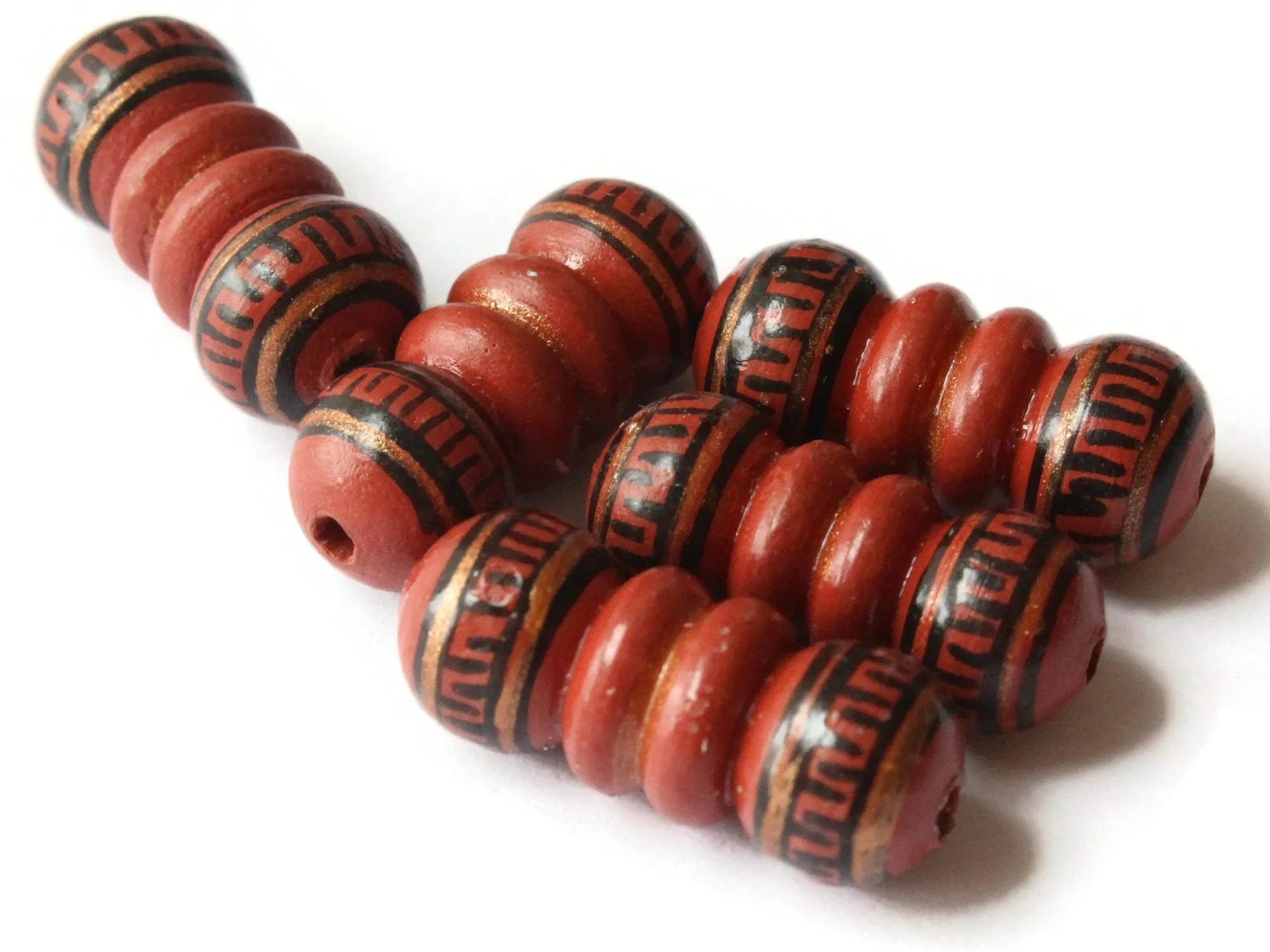 5 22mm Vintage Painted Peruvian Clay Beads - Brown, Copper, and Black Bumpy Tube Beads