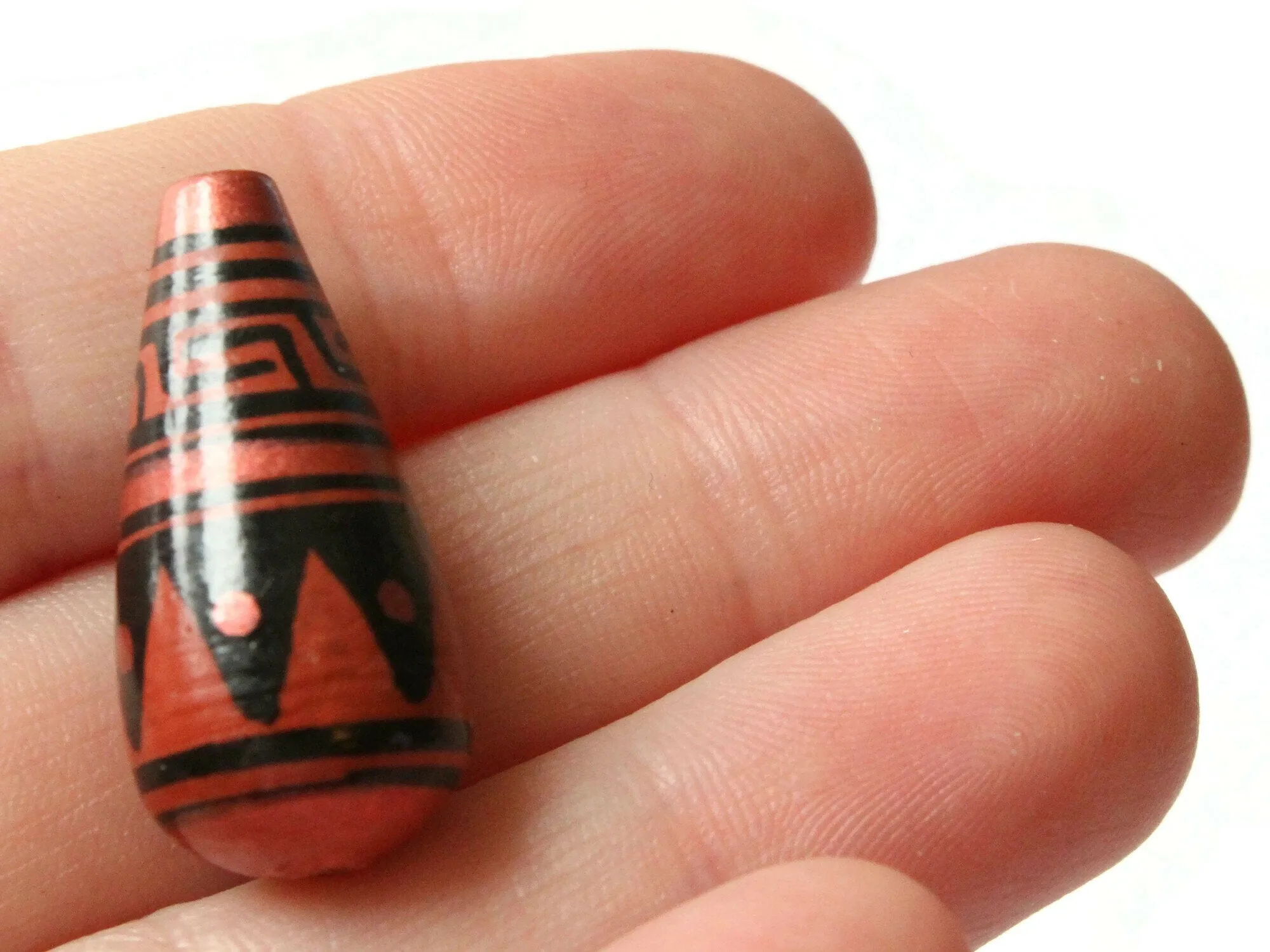 5 28mm Vintage Painted Peruvian Clay Beads - Brown Copper and Black Patterned Teardrop Beads