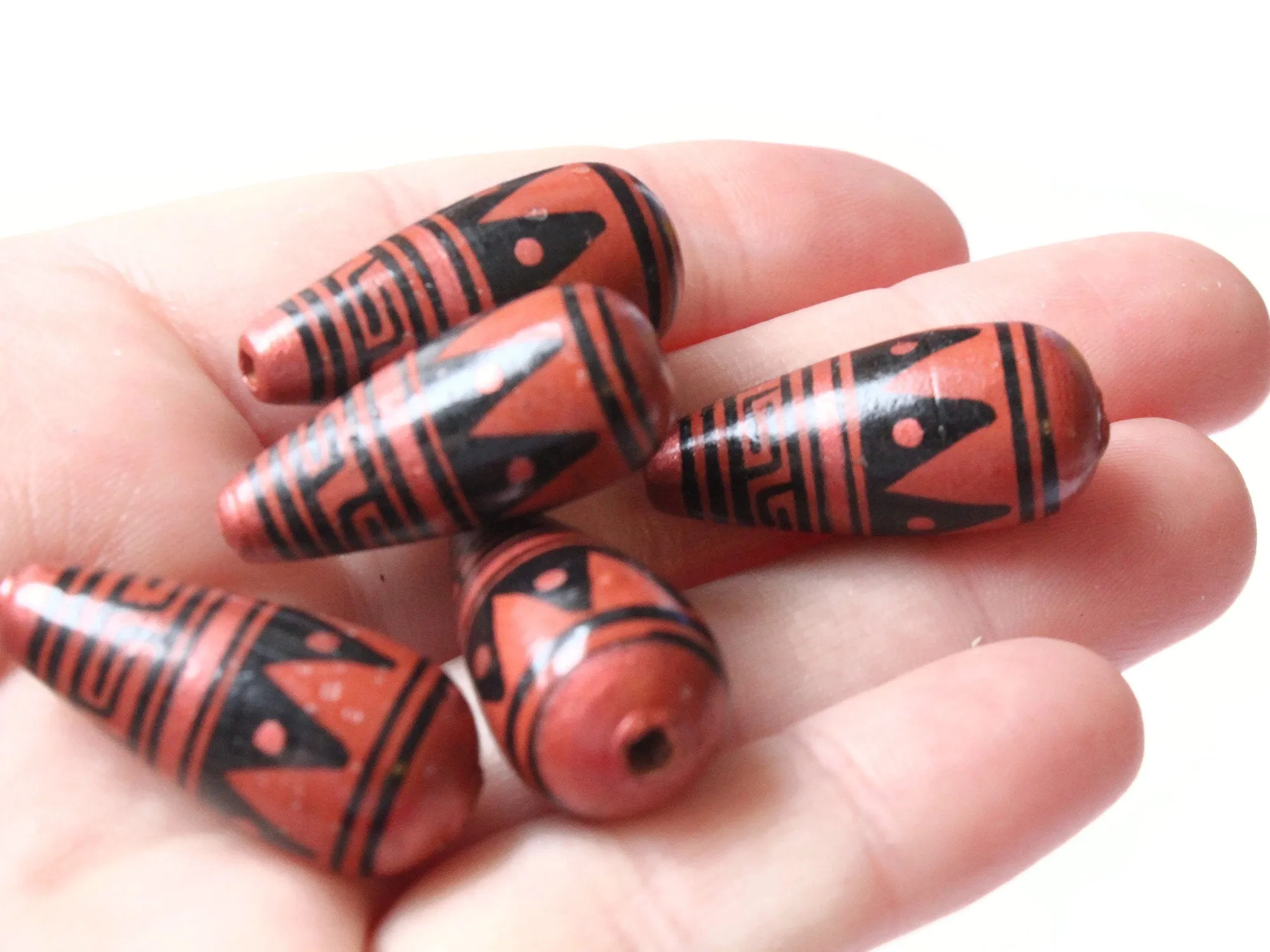 5 28mm Vintage Painted Peruvian Clay Beads - Brown Copper and Black Patterned Teardrop Beads