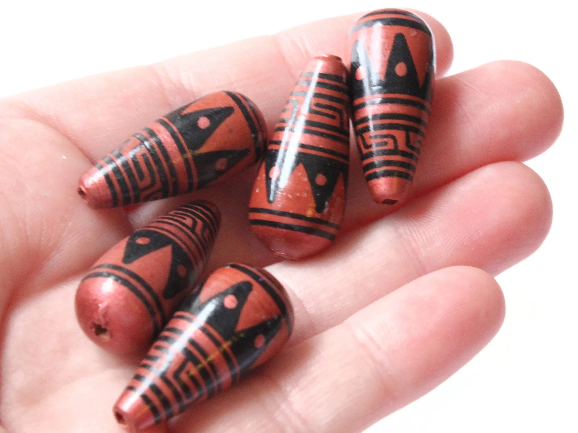 5 28mm Vintage Painted Peruvian Clay Beads - Brown Copper and Black Patterned Teardrop Beads