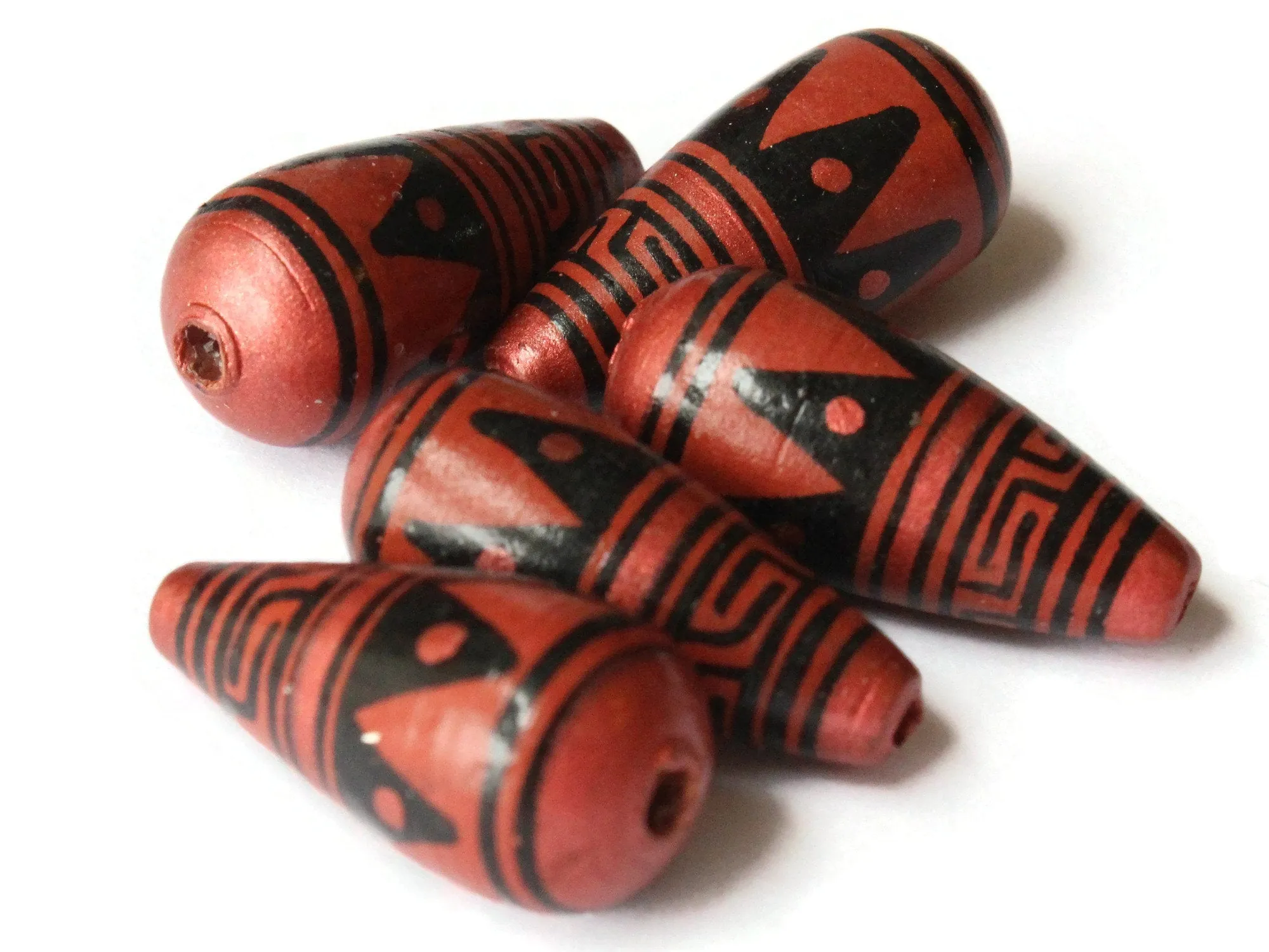5 28mm Vintage Painted Peruvian Clay Beads - Brown Copper and Black Patterned Teardrop Beads