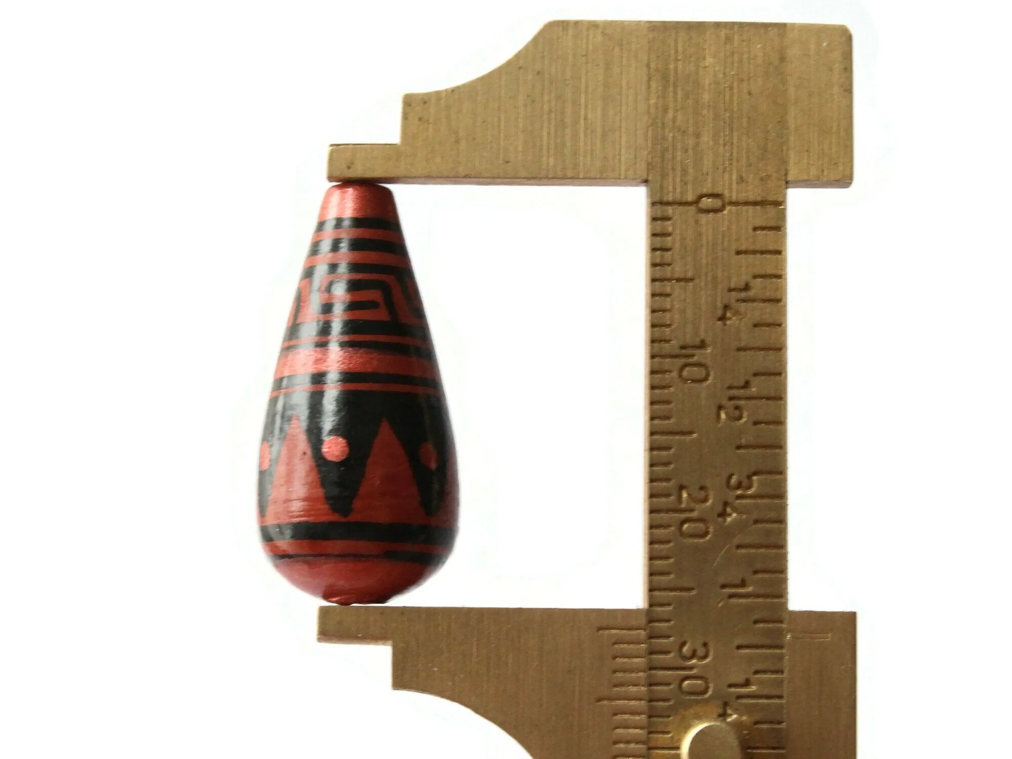 5 28mm Vintage Painted Peruvian Clay Beads - Brown Copper and Black Patterned Teardrop Beads