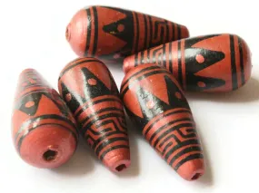 5 28mm Vintage Painted Peruvian Clay Beads - Brown Copper and Black Patterned Teardrop Beads
