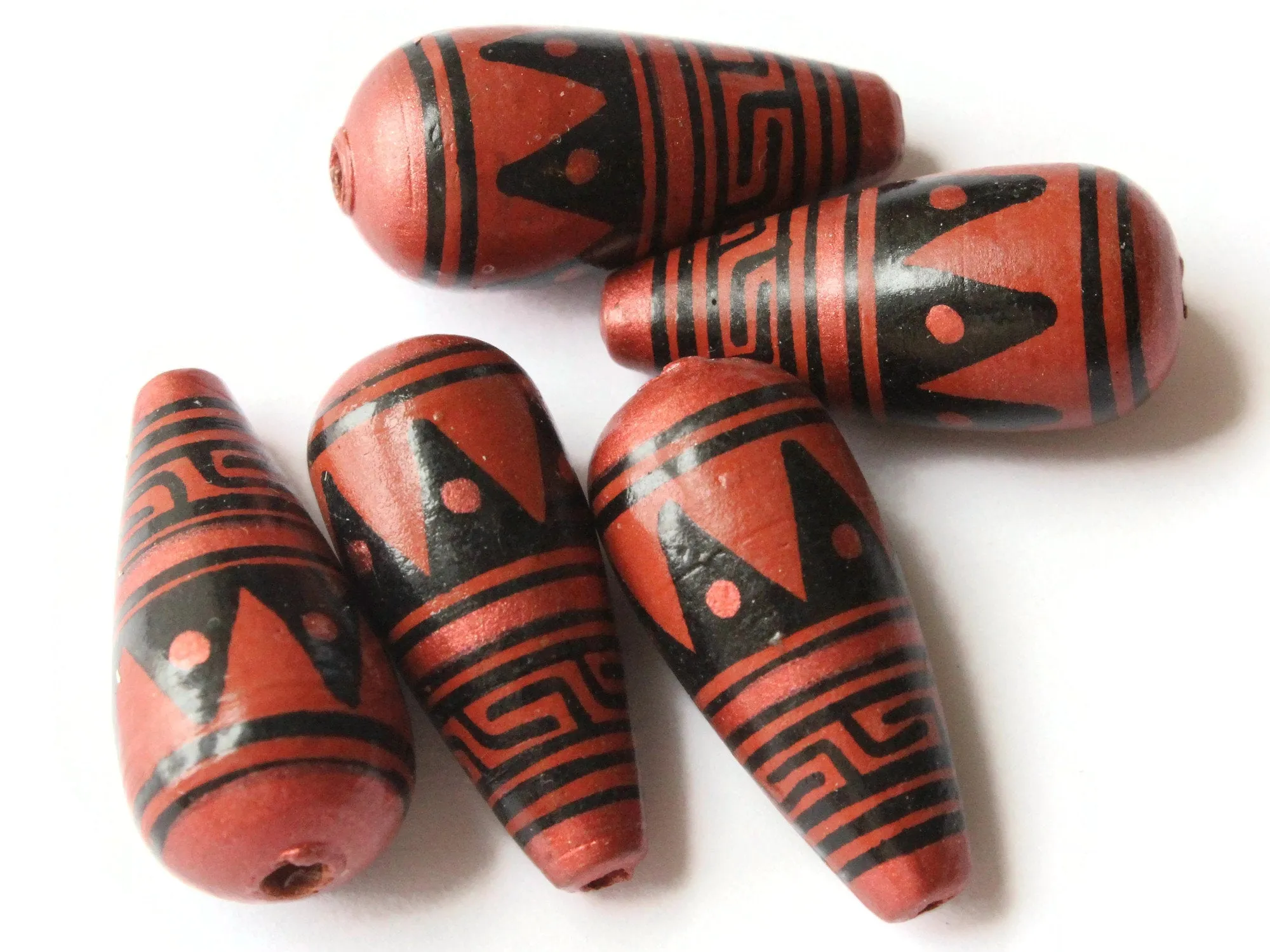 5 28mm Vintage Painted Peruvian Clay Beads - Brown Copper and Black Patterned Teardrop Beads