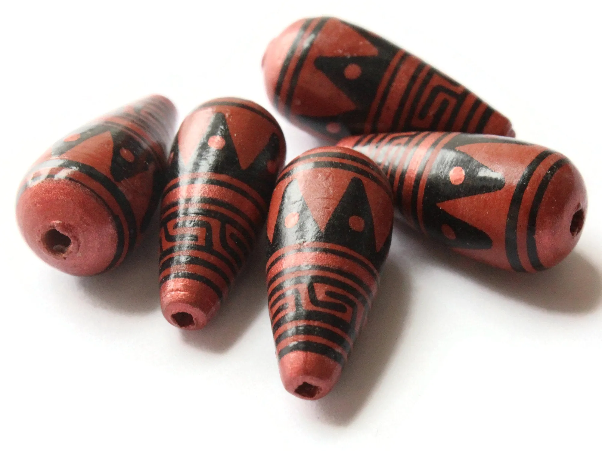5 28mm Vintage Painted Peruvian Clay Beads - Brown Copper and Black Patterned Teardrop Beads