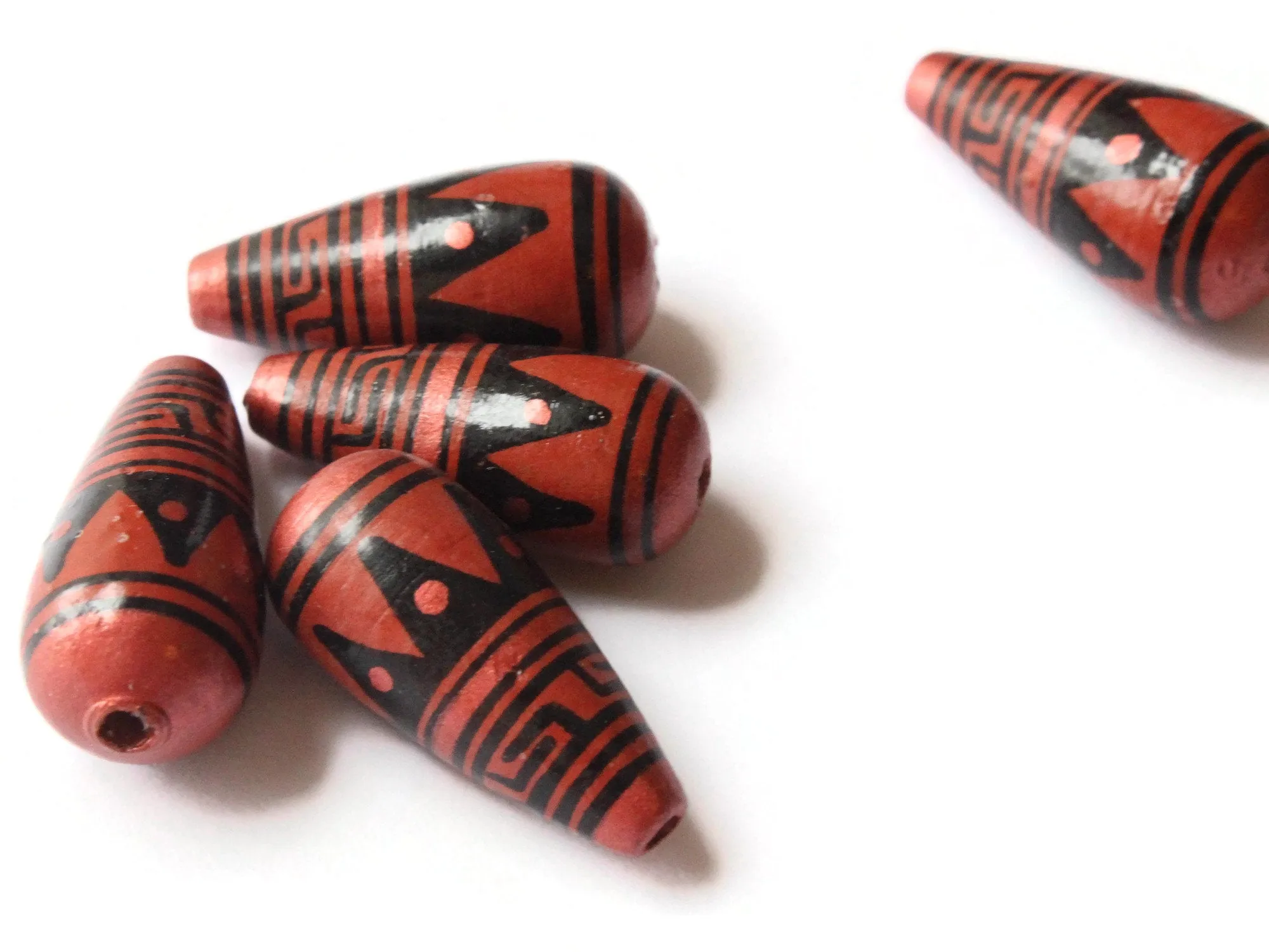 5 28mm Vintage Painted Peruvian Clay Beads - Brown Copper and Black Patterned Teardrop Beads