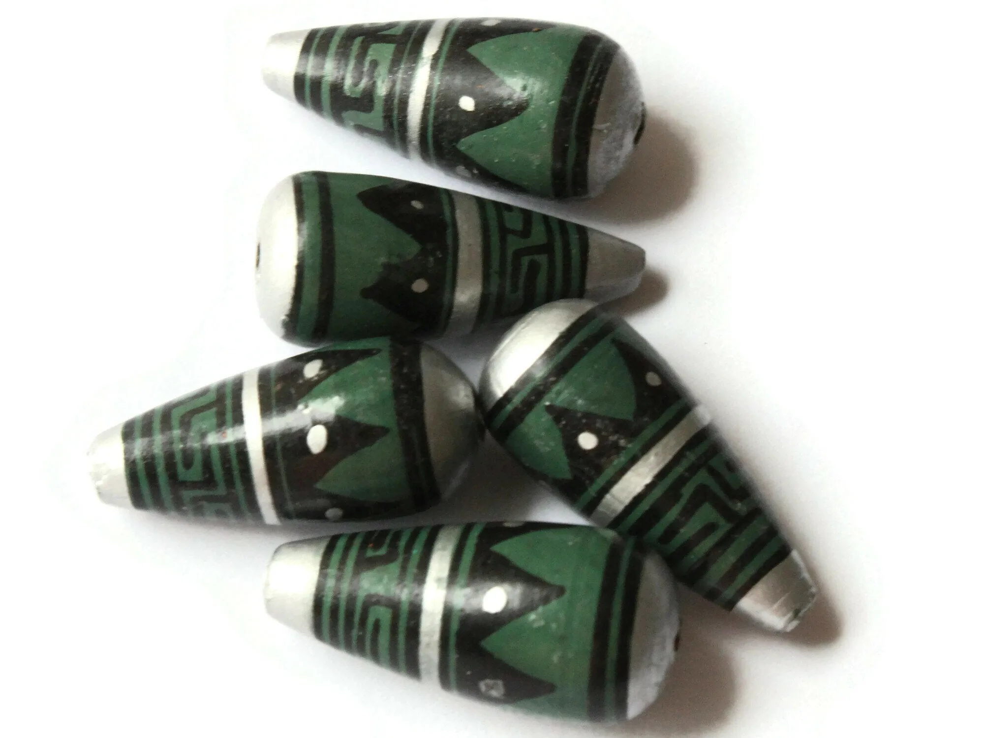 5 28mm Vintage Painted Peruvian Clay Beads - Green Silver and Black Patterned Teardrop Beads