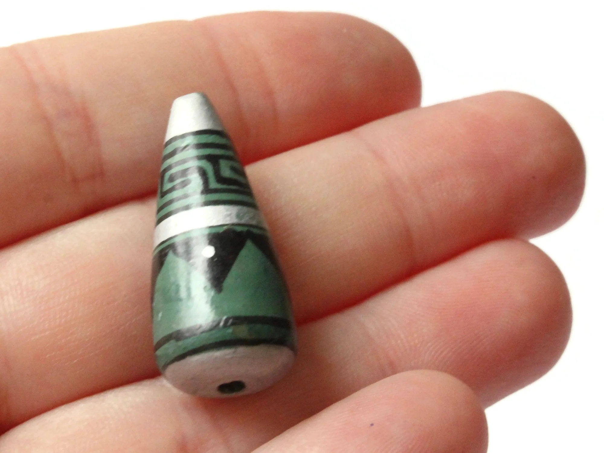 5 28mm Vintage Painted Peruvian Clay Beads - Green Silver and Black Patterned Teardrop Beads