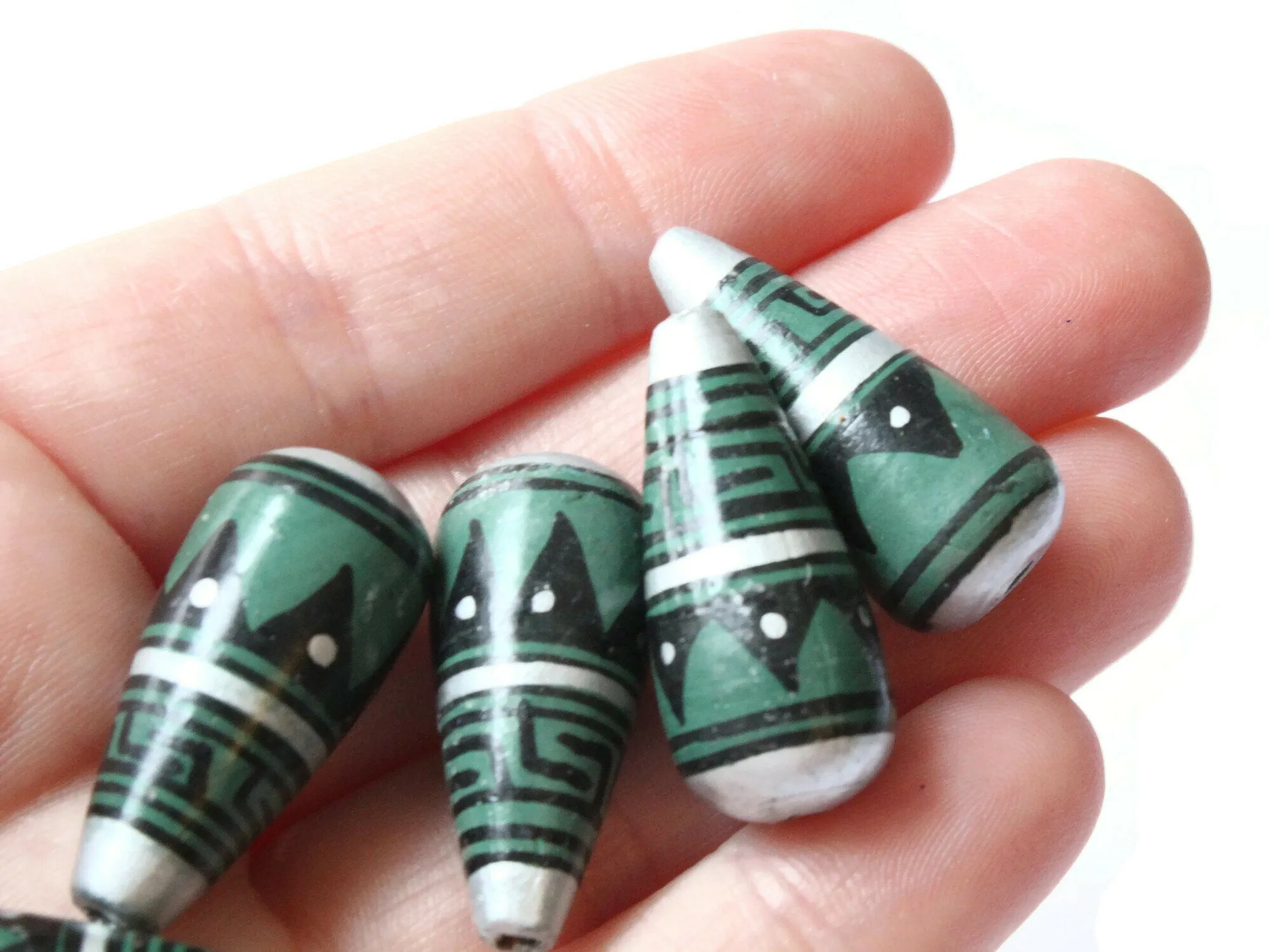 5 28mm Vintage Painted Peruvian Clay Beads - Green Silver and Black Patterned Teardrop Beads