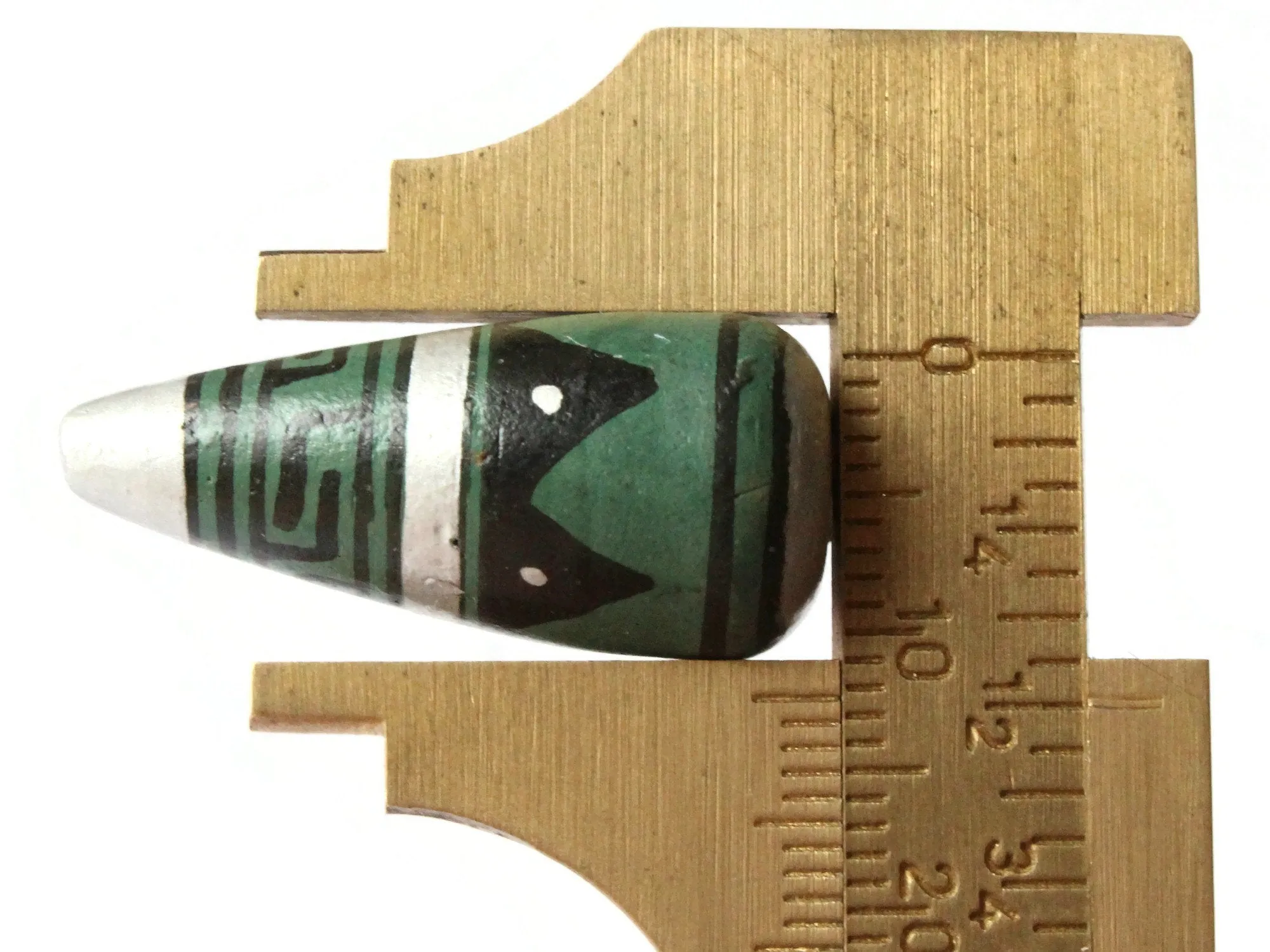 5 28mm Vintage Painted Peruvian Clay Beads - Green Silver and Black Patterned Teardrop Beads
