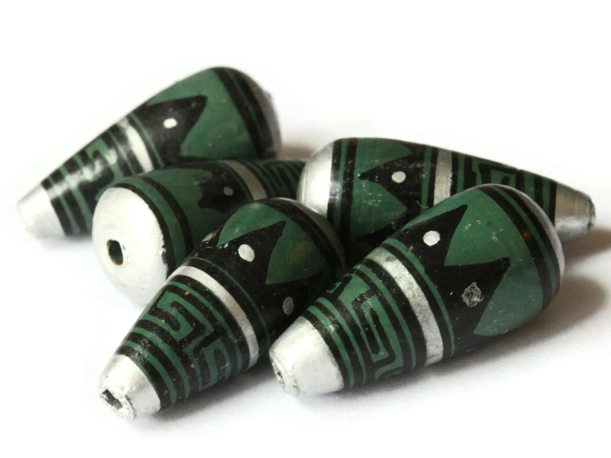 5 28mm Vintage Painted Peruvian Clay Beads - Green Silver and Black Patterned Teardrop Beads
