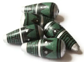 5 28mm Vintage Painted Peruvian Clay Beads - Green Silver and Black Patterned Teardrop Beads