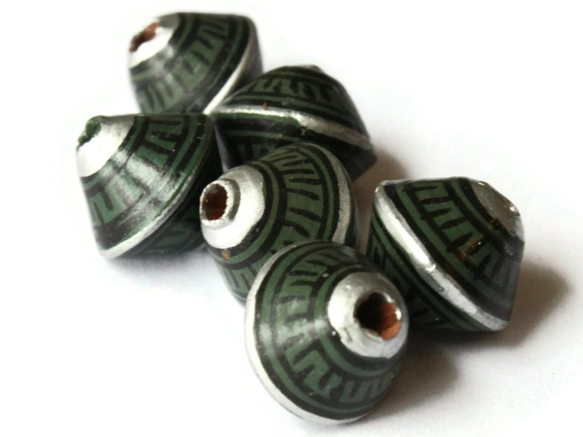 6 12mm Vintage Painted Peruvian Clay Beads - Green Silver and Black Patterned Bicone Beads