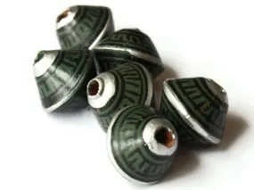 6 12mm Vintage Painted Peruvian Clay Beads - Green Silver and Black Patterned Bicone Beads