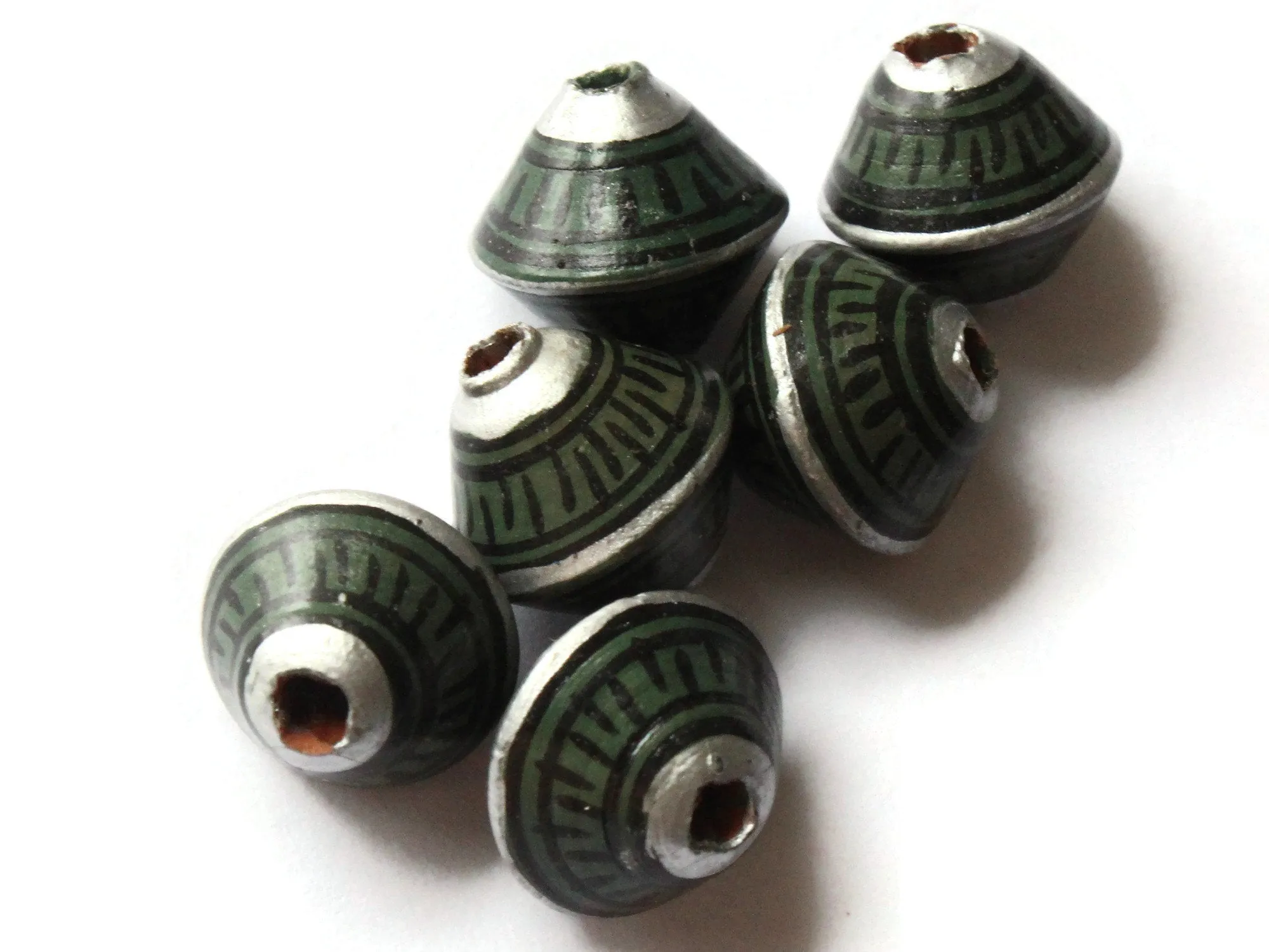 6 12mm Vintage Painted Peruvian Clay Beads - Green Silver and Black Patterned Bicone Beads